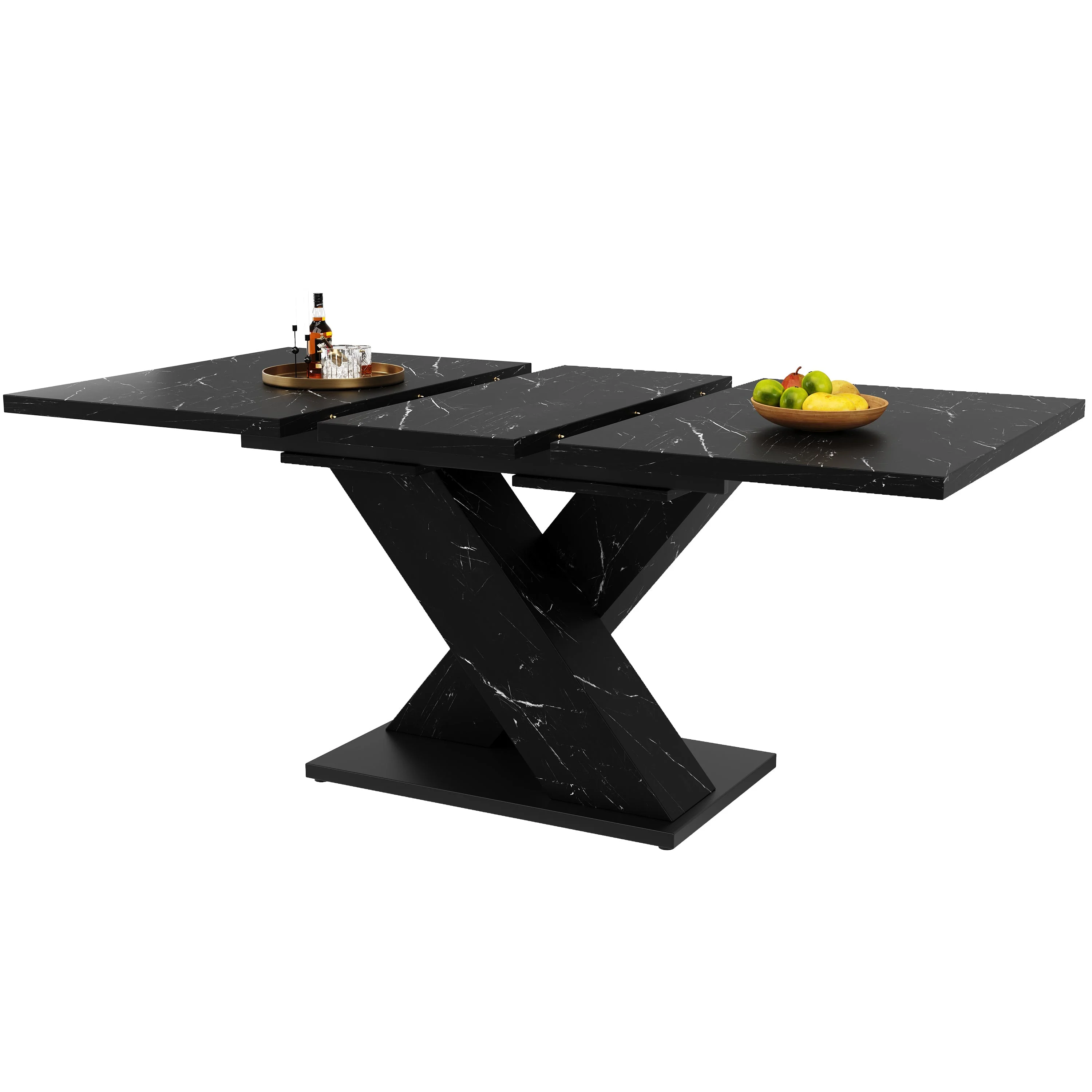 Extendable Dining Table with X-Design for 4-6 People, Black Marble Look - Image 8
