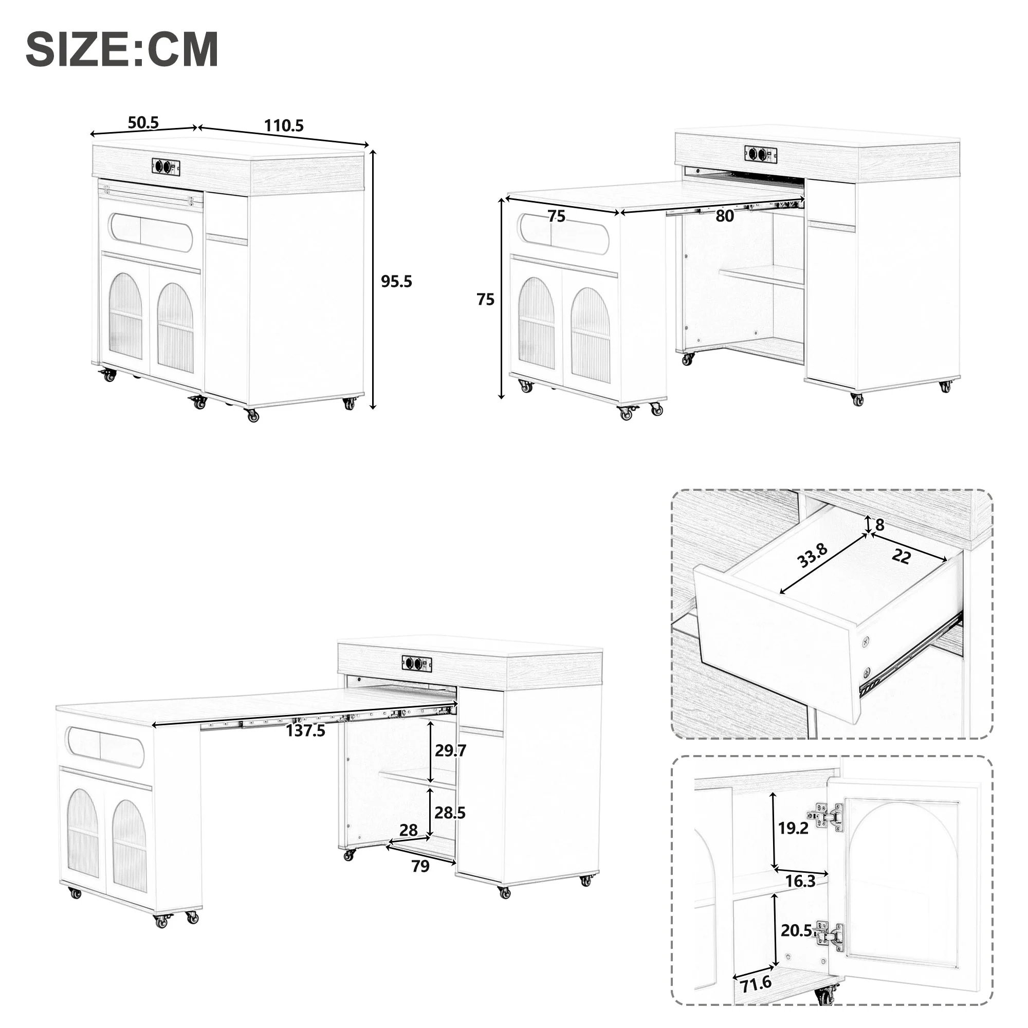 Extendable Kitchen Island Ribbed Glass Power Strip Storage White/Natural - Image 4