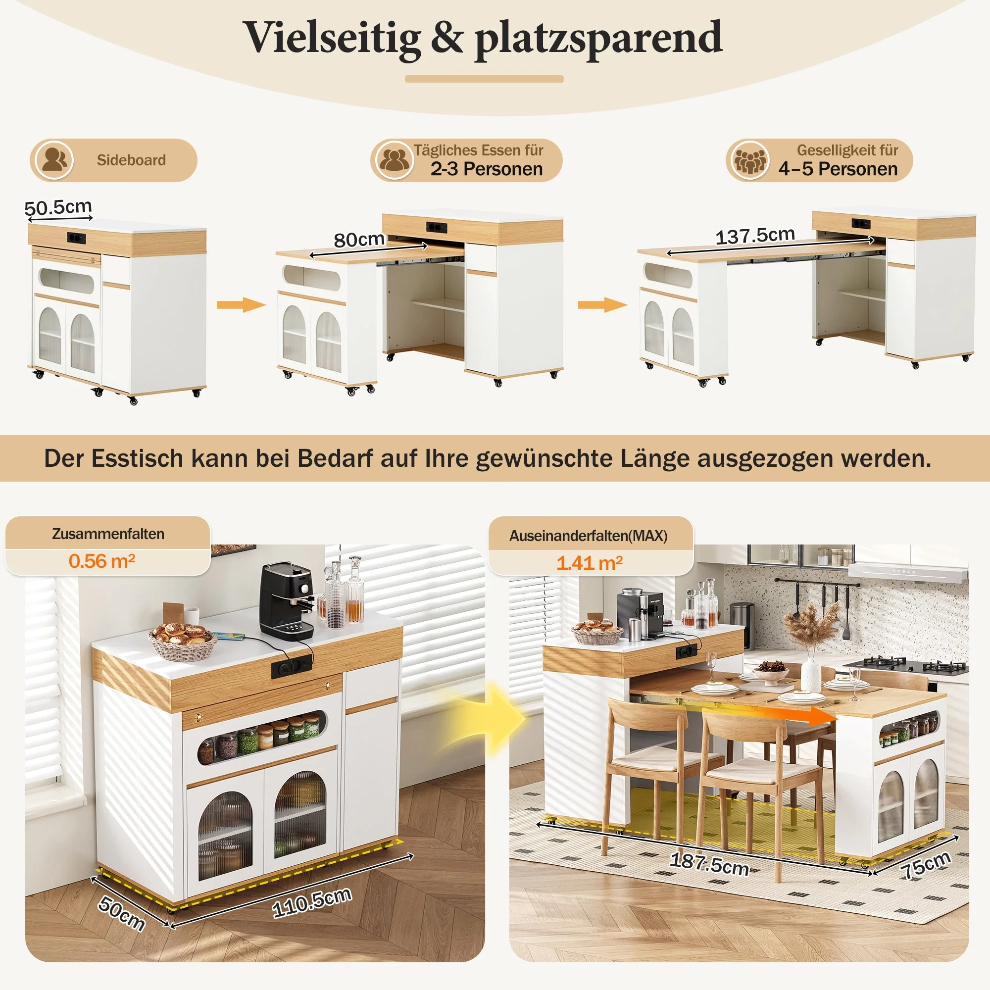 Extendable Kitchen Island Ribbed Glass Power Strip Storage White/Natural - Image 6