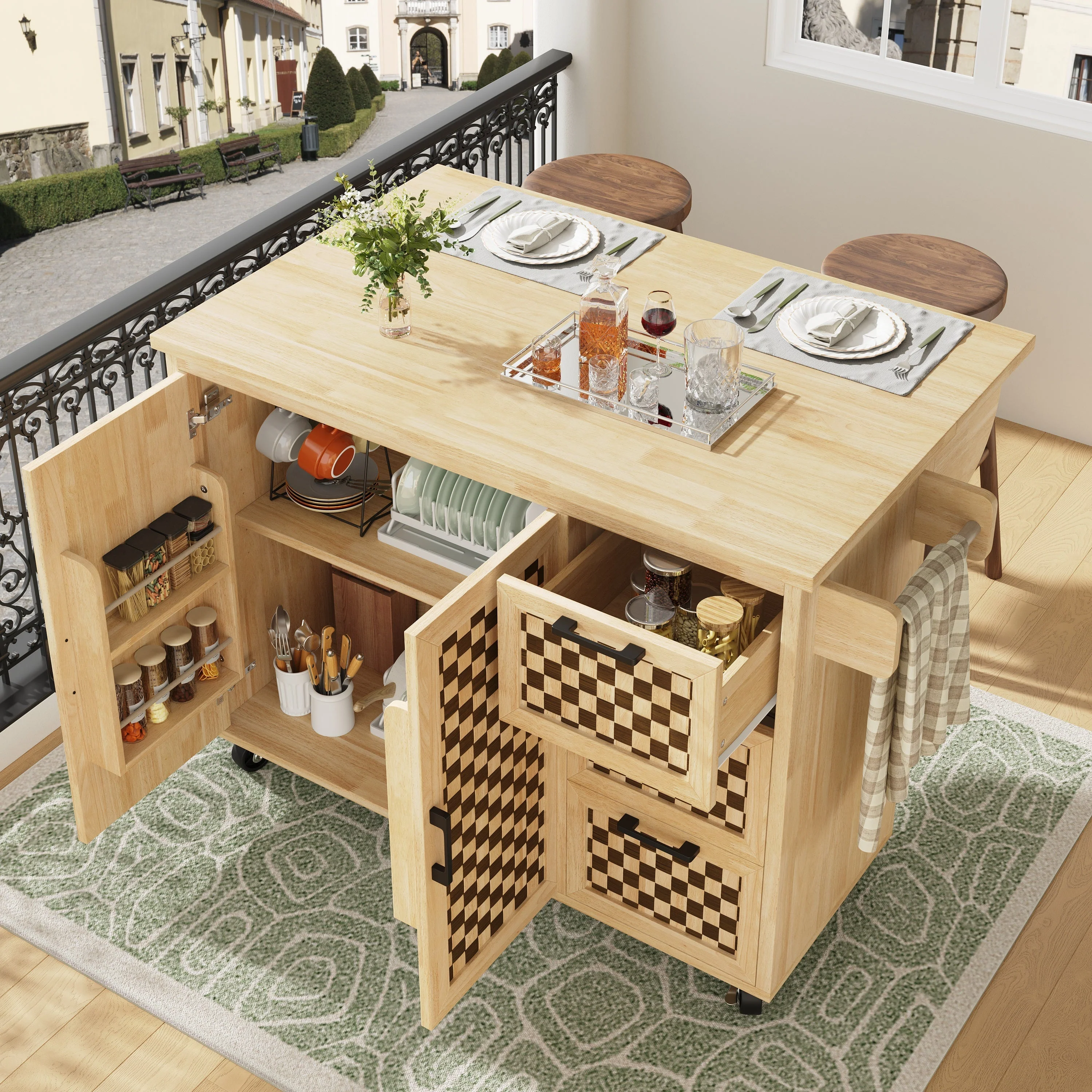 Extendable Kitchen Island Trolley 120cm 3 Drawers 2 Doors - Checkerboard Wood Grain