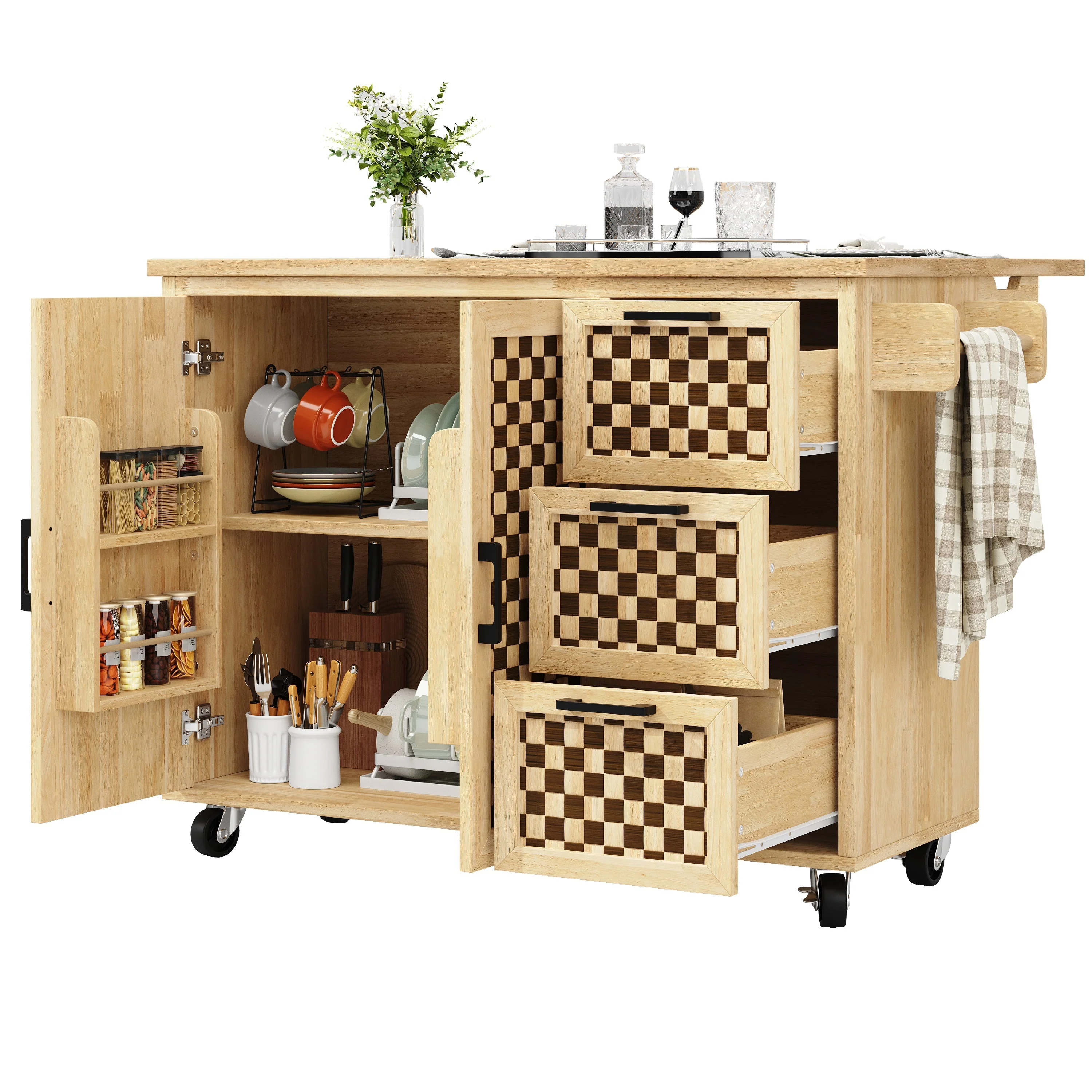 Extendable Kitchen Island Trolley 120cm 3 Drawers 2 Doors - Checkerboard Wood Grain - Image 8