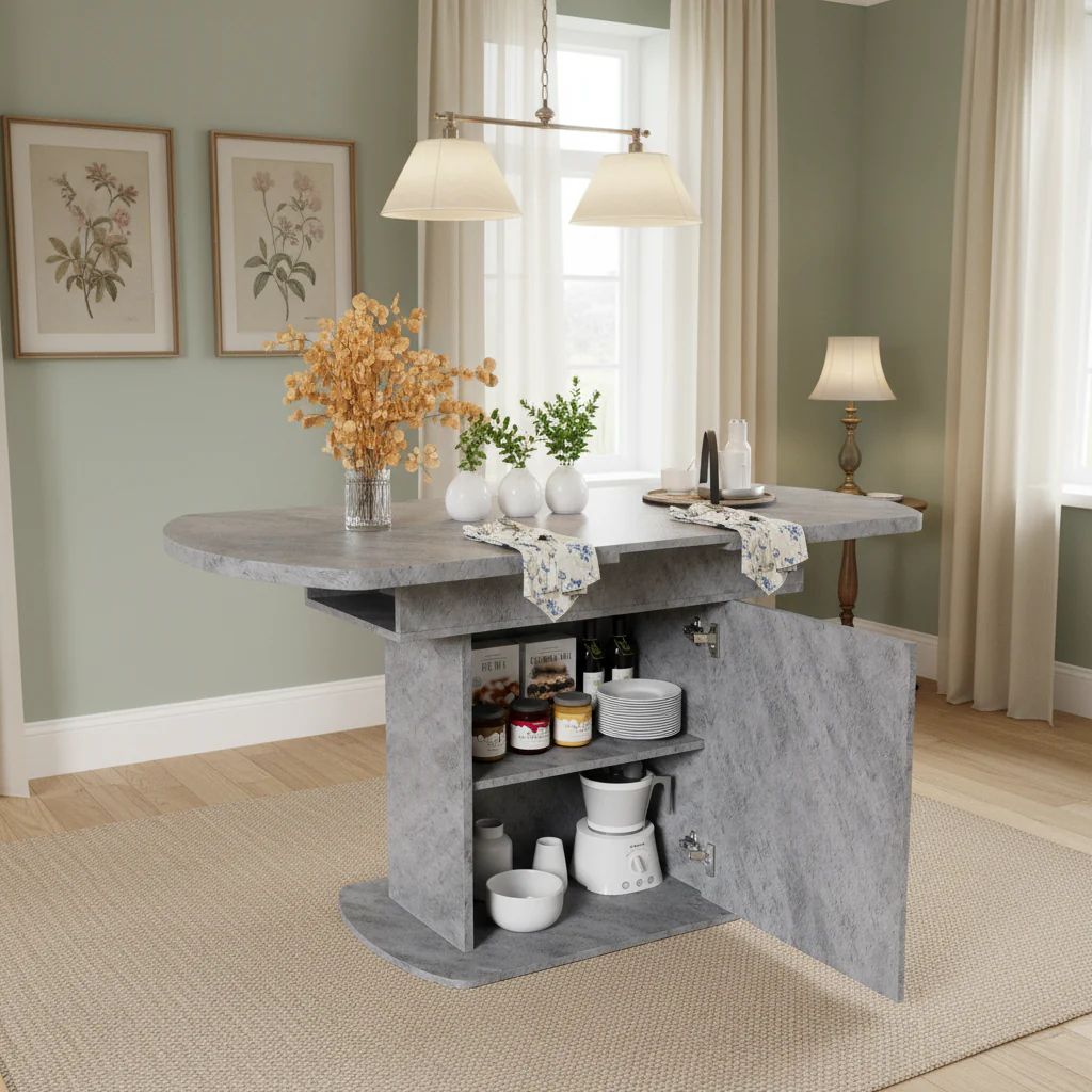 Extendable Oval Dining Table 110/130cm, Space-Saving, Storage Function, Cement Grey + Silver Handles - Image 2