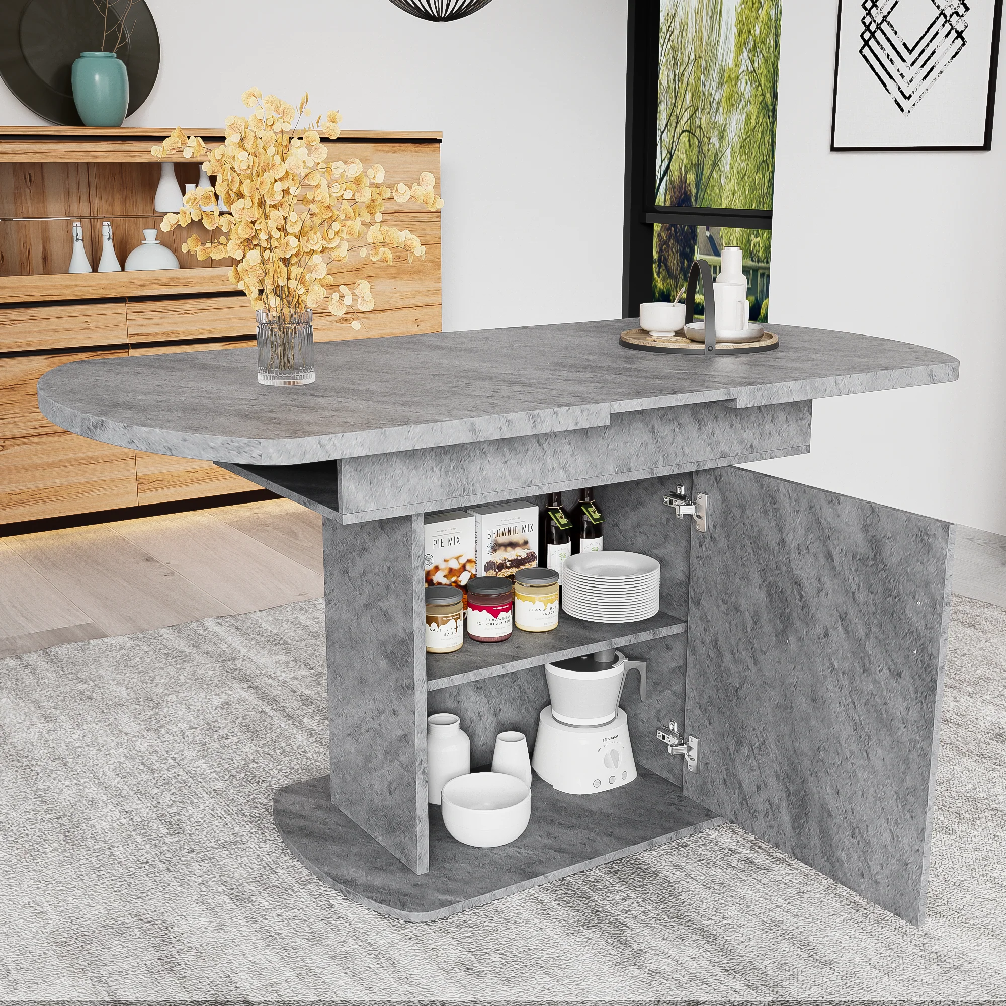 Extendable Oval Dining Table 110/130cm, Space-Saving, Storage Function, Cement Grey + Silver Handles - Image 3
