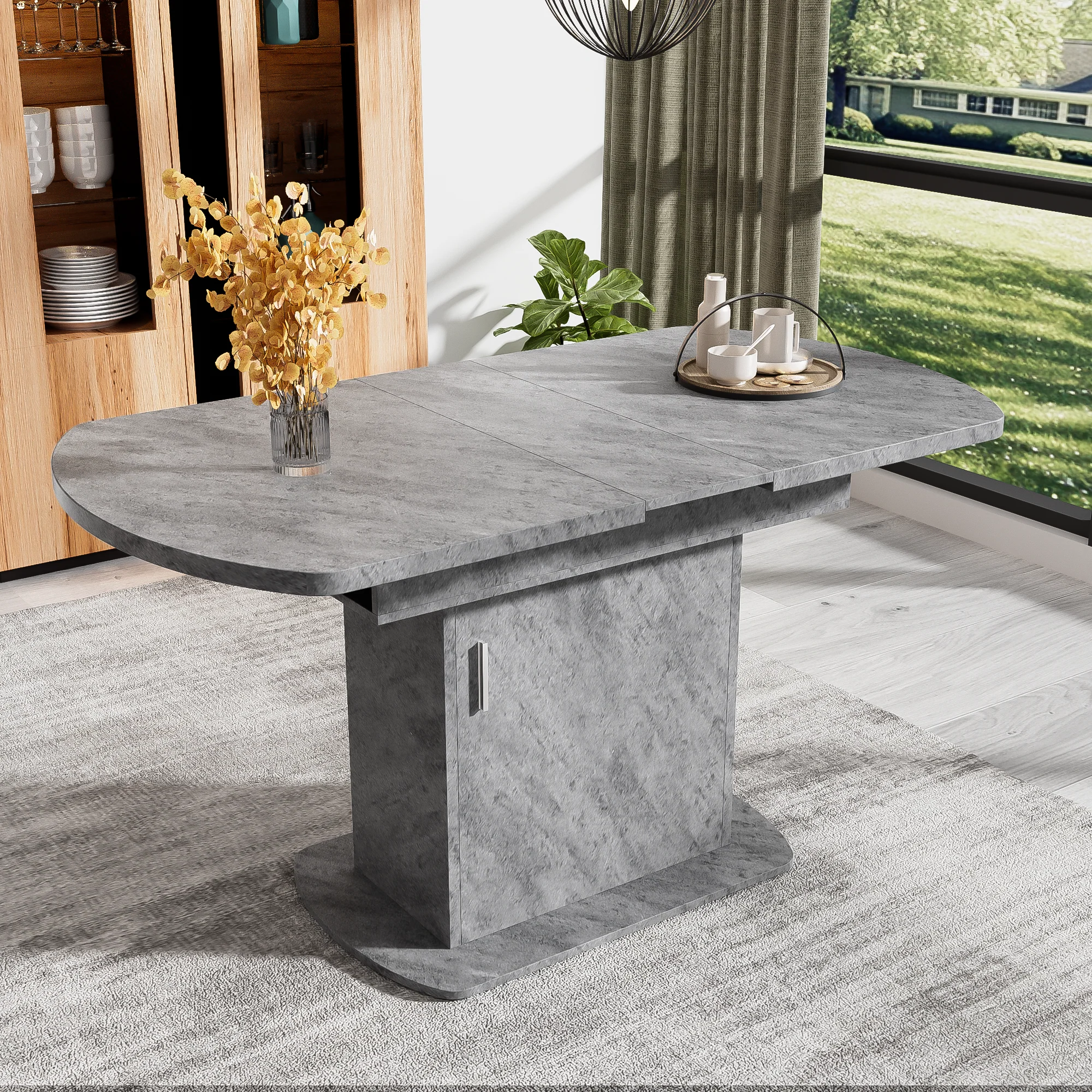 Extendable Oval Dining Table 110/130cm, Space-Saving, Storage Function, Cement Grey + Silver Handles - Image 4