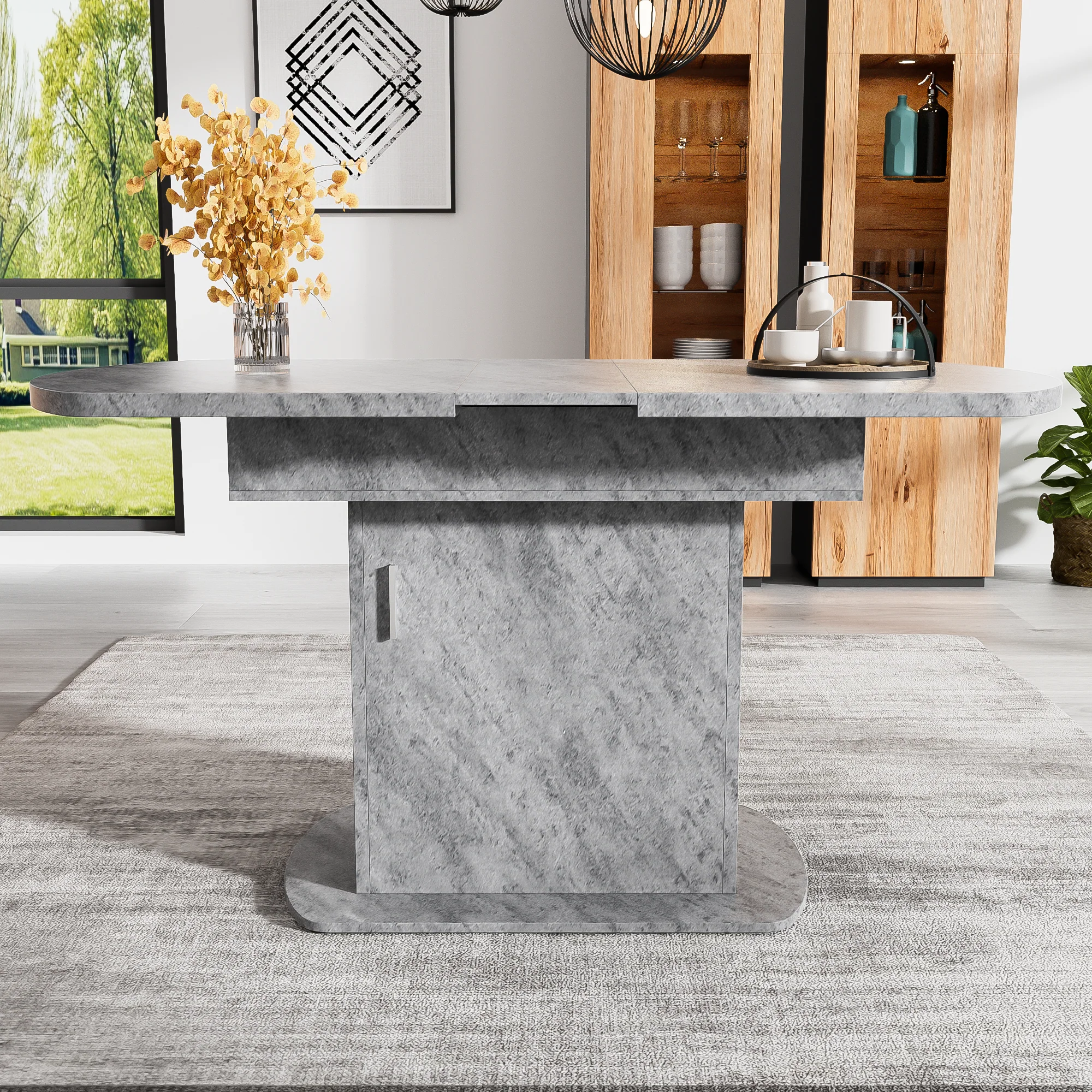 Extendable Oval Dining Table 110/130cm, Space-Saving, Storage Function, Cement Grey + Silver Handles - Image 5