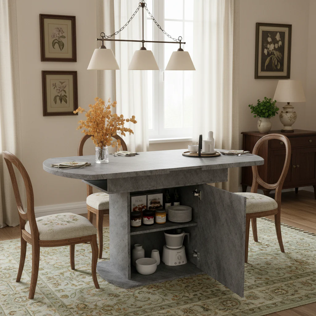 Extendable Oval Dining Table 110/130cm, Space-Saving, Storage Function, Cement Grey + Silver Handles - Image 6