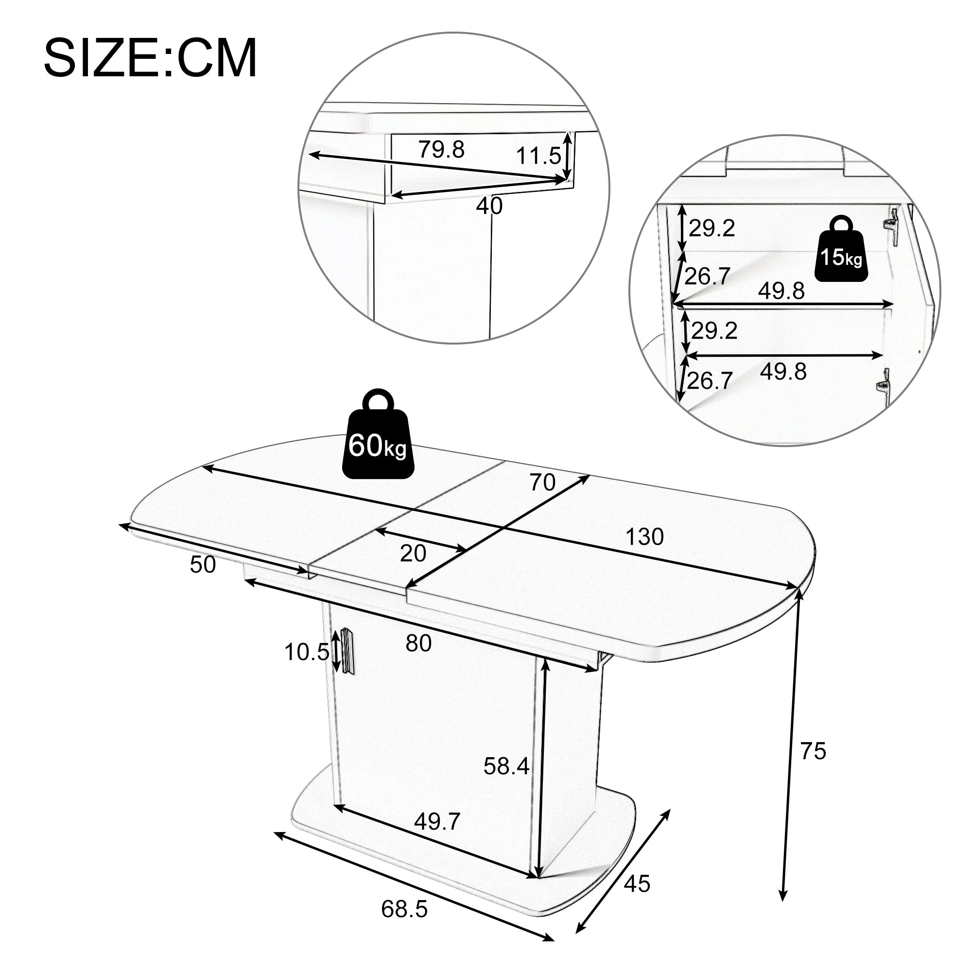 Extendable Oval Dining Table 110/130cm, Space-Saving, Storage Function, Cement Grey + Silver Handles - Image 7