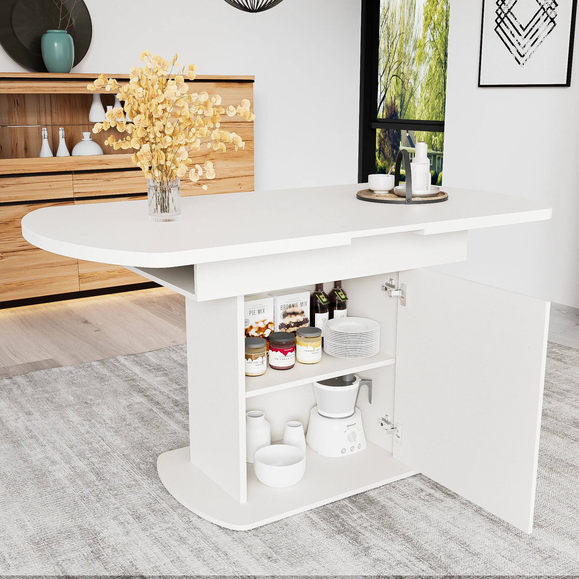 Extendable Oval Dining Table Modern Minimalist Storage Space-saving White - Image 3