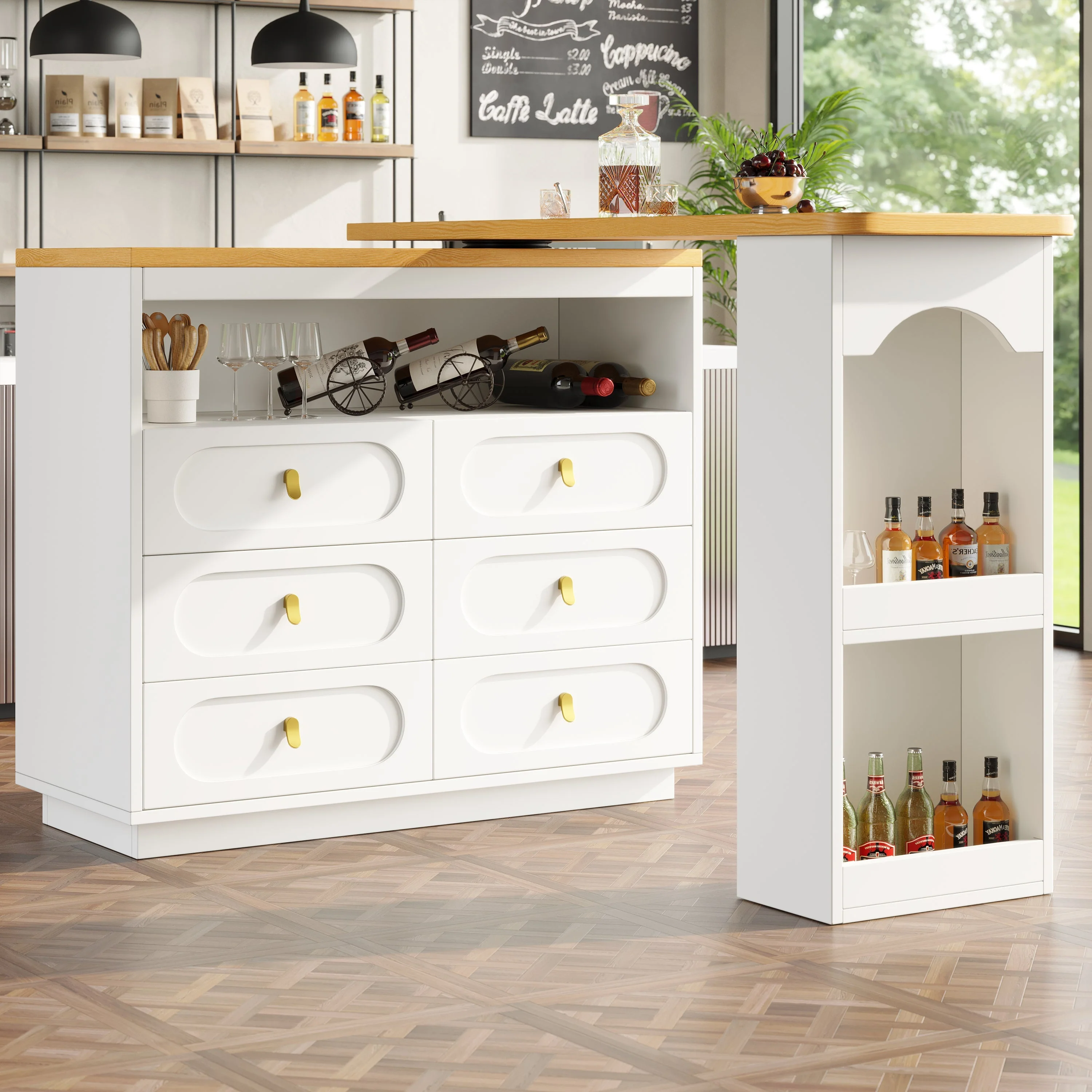 Extendable Rolling Bar Table 360° Swivel Storage Drawers - White - Image 2