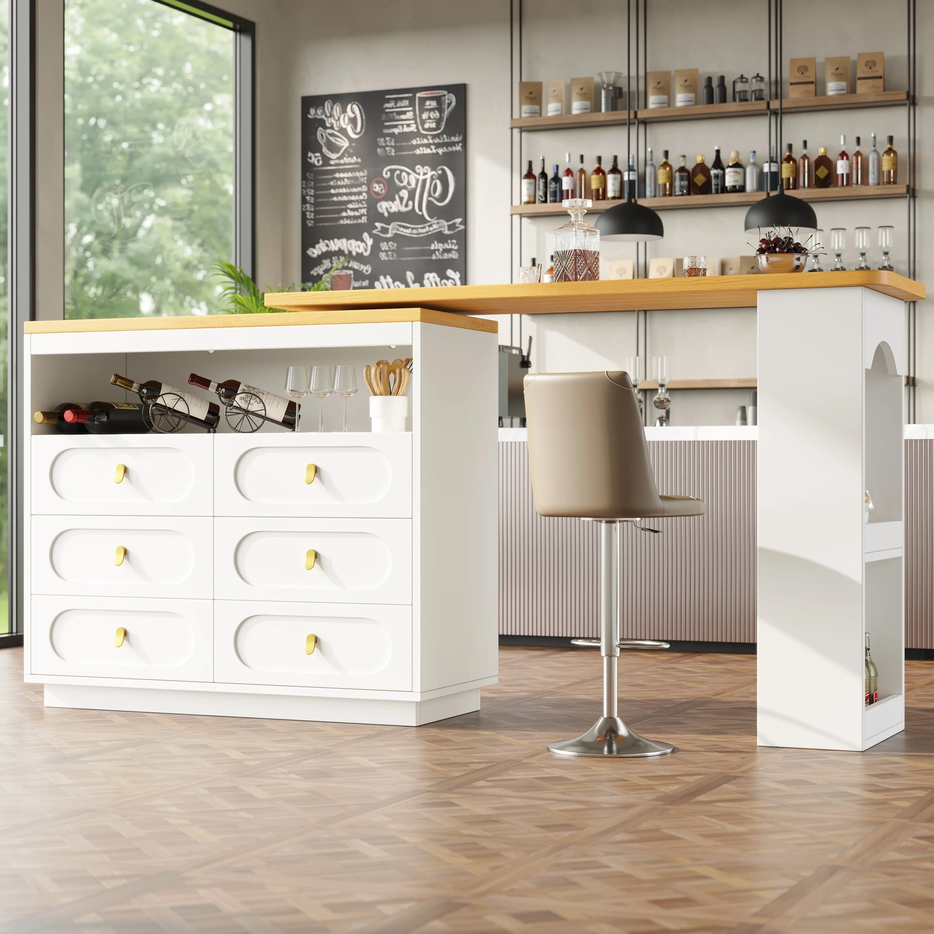 Extendable Rolling Bar Table 360° Swivel Storage Drawers - White - Image 3