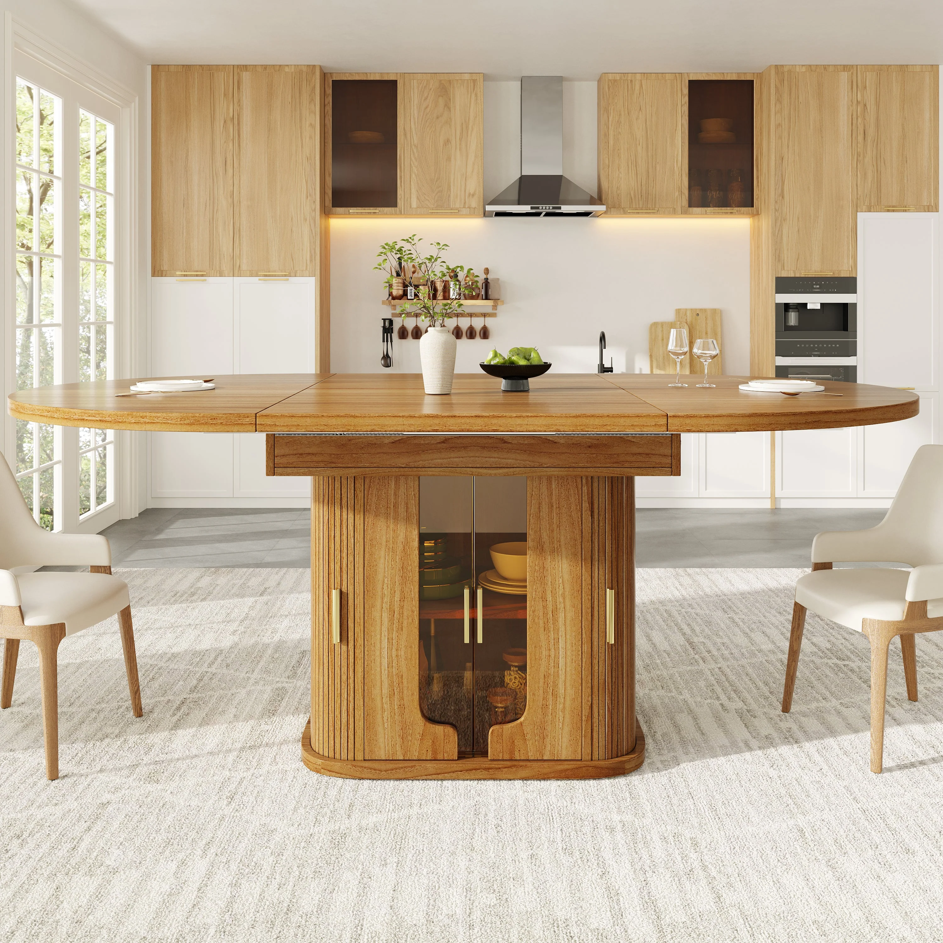 Extendable Round Dining Table, Oval 118-158 cm Seats up to 6 with Glass Doors, Walnut - Image 2