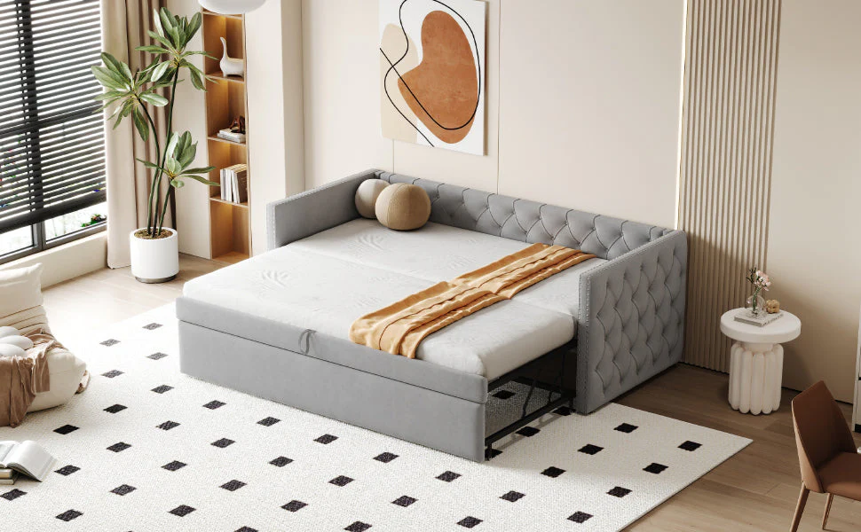 Extendable Sofa Bed with Slatted Base and Guest Bed Function, 90x200cm, Light Grey Velvet - Image 8