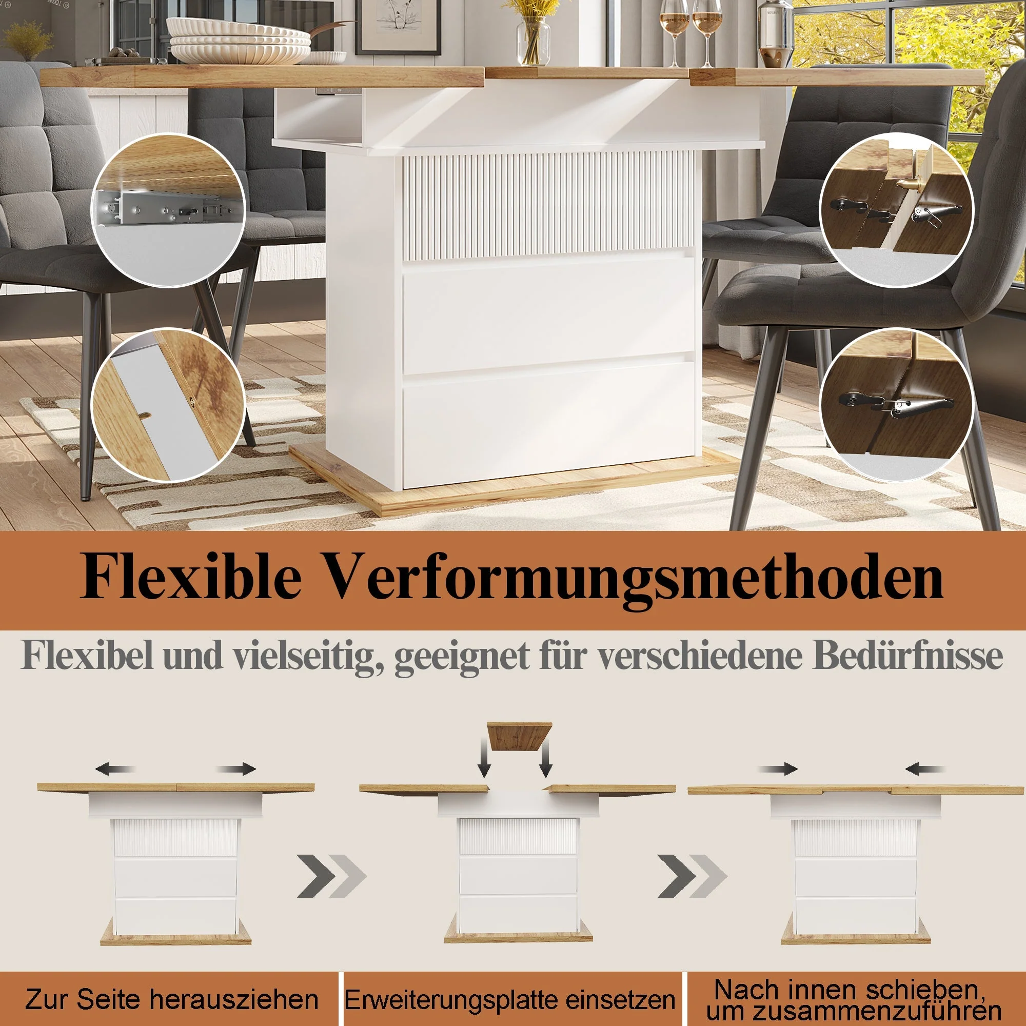 Extendable Telescopic Dining Table with Three Shelves for 4-6 People, White - Image 7