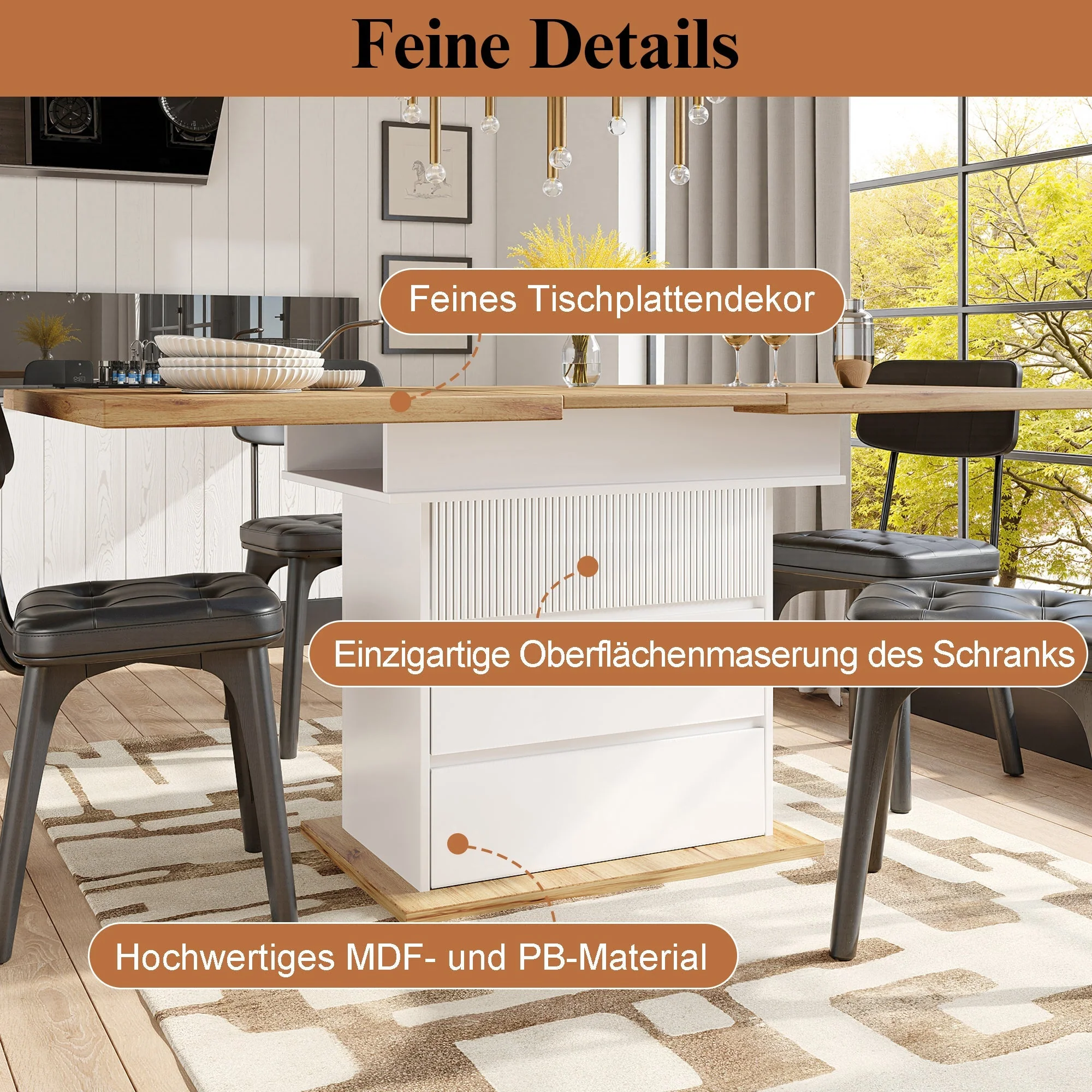 Extendable Telescopic Dining Table with Three Shelves for 4-6 People, White - Image 8