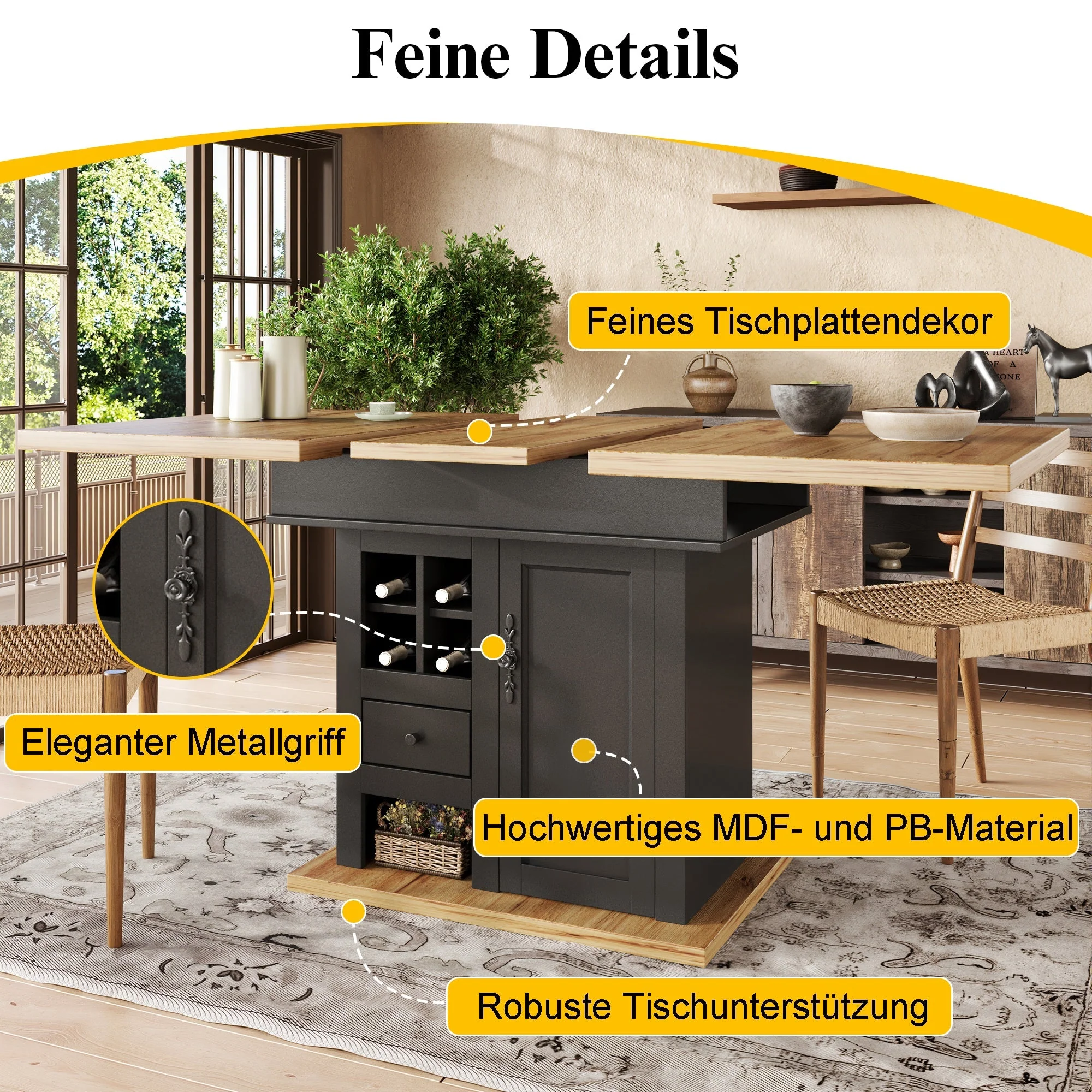 Extendable Telescopic Dining Table with Wine Rack and Drawers, MDF and Metal - Image 5