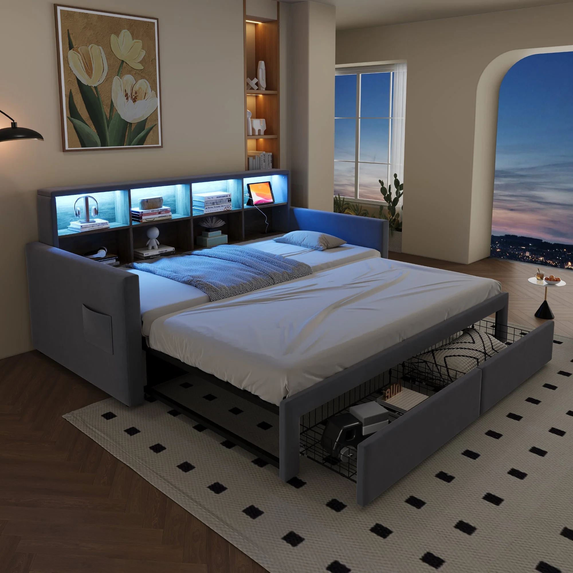 Extendable Upholstered Sofa Bed with LED Headboard, Storage and Charging Ports, Light Grey Velvet - Image 4