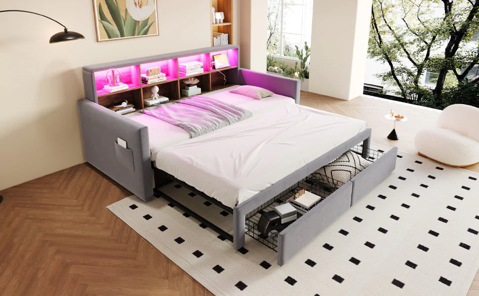 Extendable Upholstered Sofa Bed with LED Headboard, Storage and Charging Ports, Light Grey Velvet - Image 7