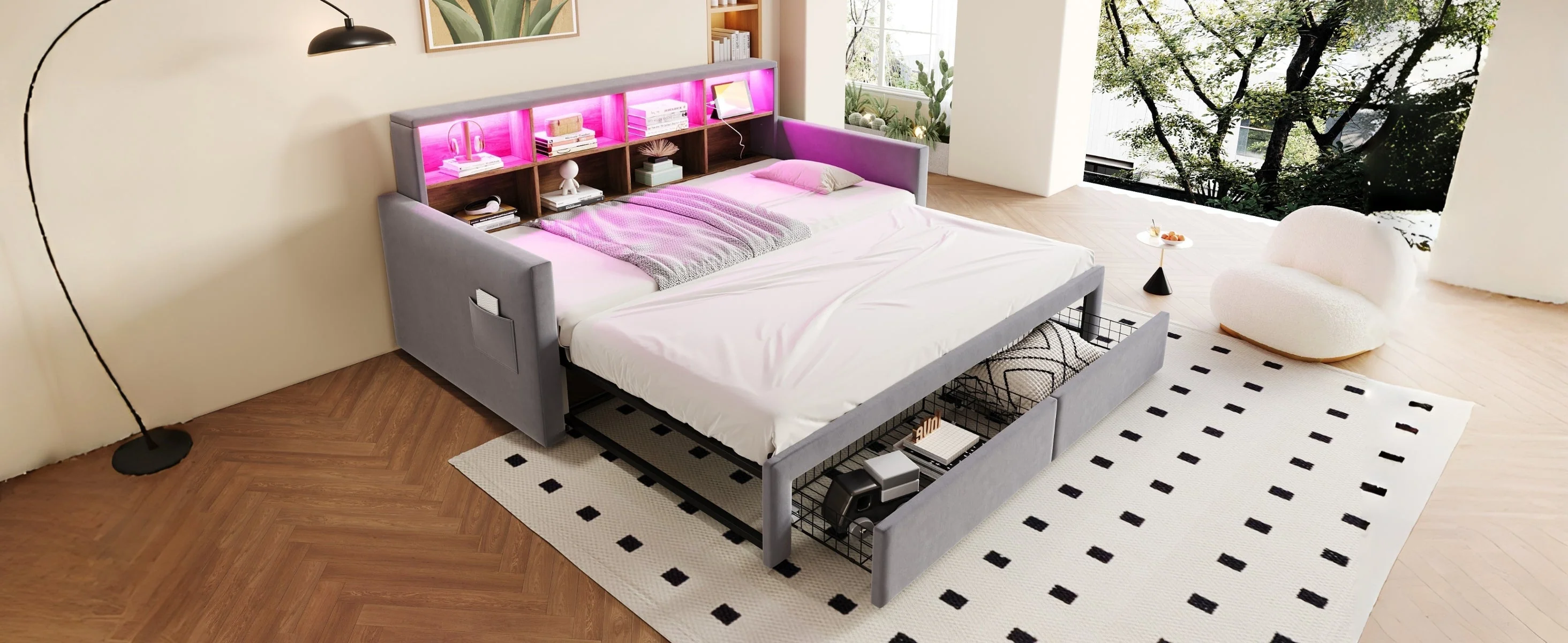 Extendable Upholstered Sofa Bed with LED Headboard, Storage and Charging Ports, Light Grey Velvet - Image 9