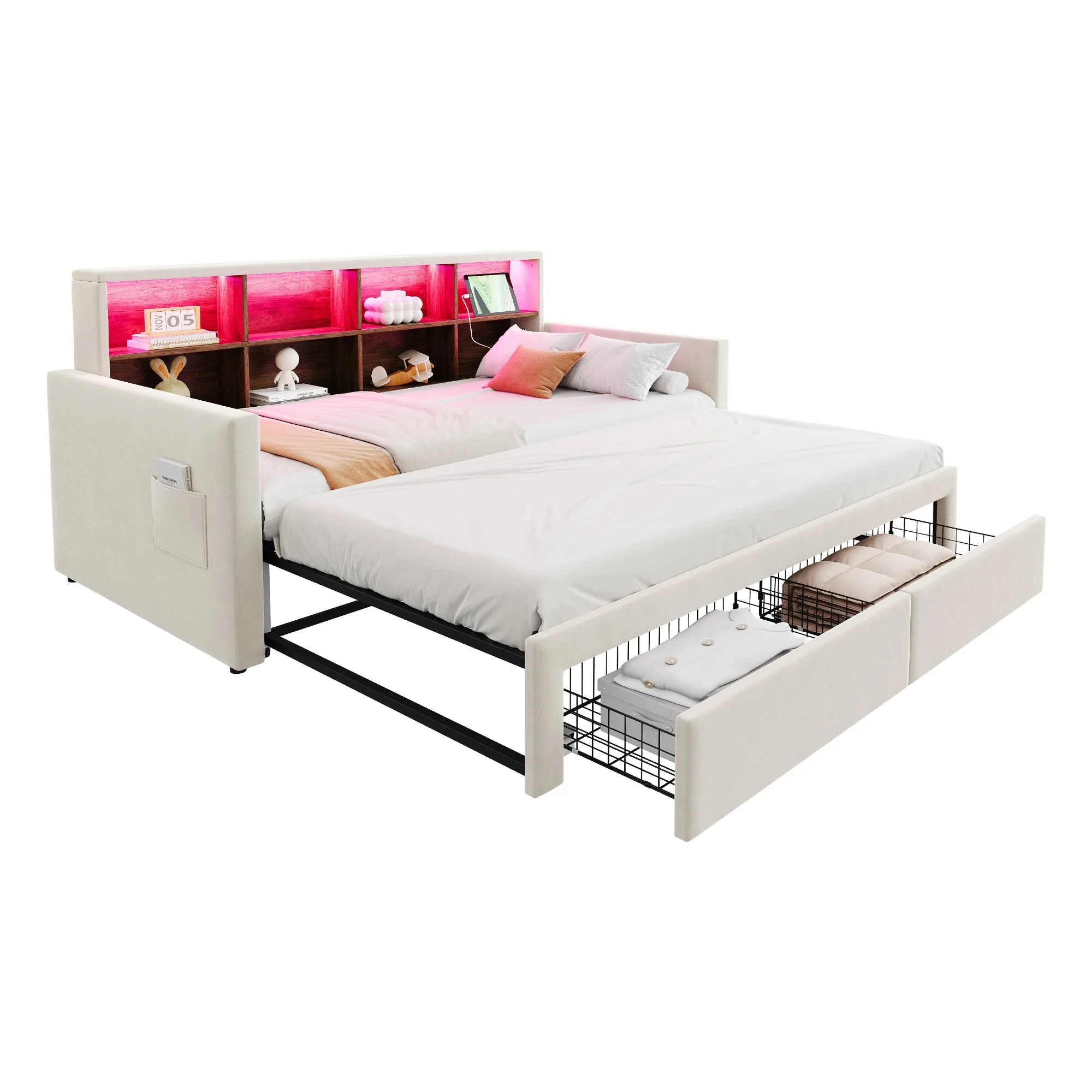 Extendable Upholstered Sofa Bed with LED Headboard, Storage and USB Charging, Beige Velvet - Image 10