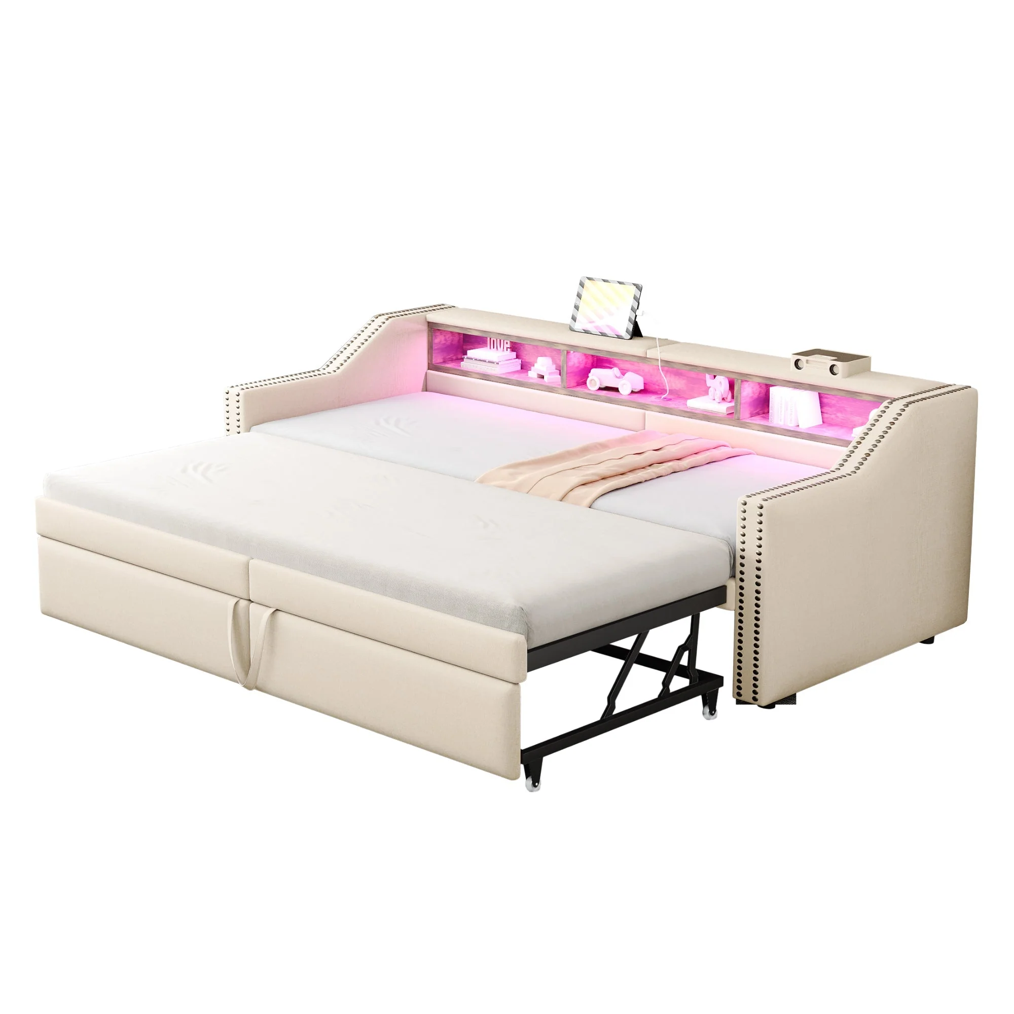 Extendable Upholstered Sofa Bed with Storage, LED and USB, 90/180x200cm, Beige Velvet - Image 7
