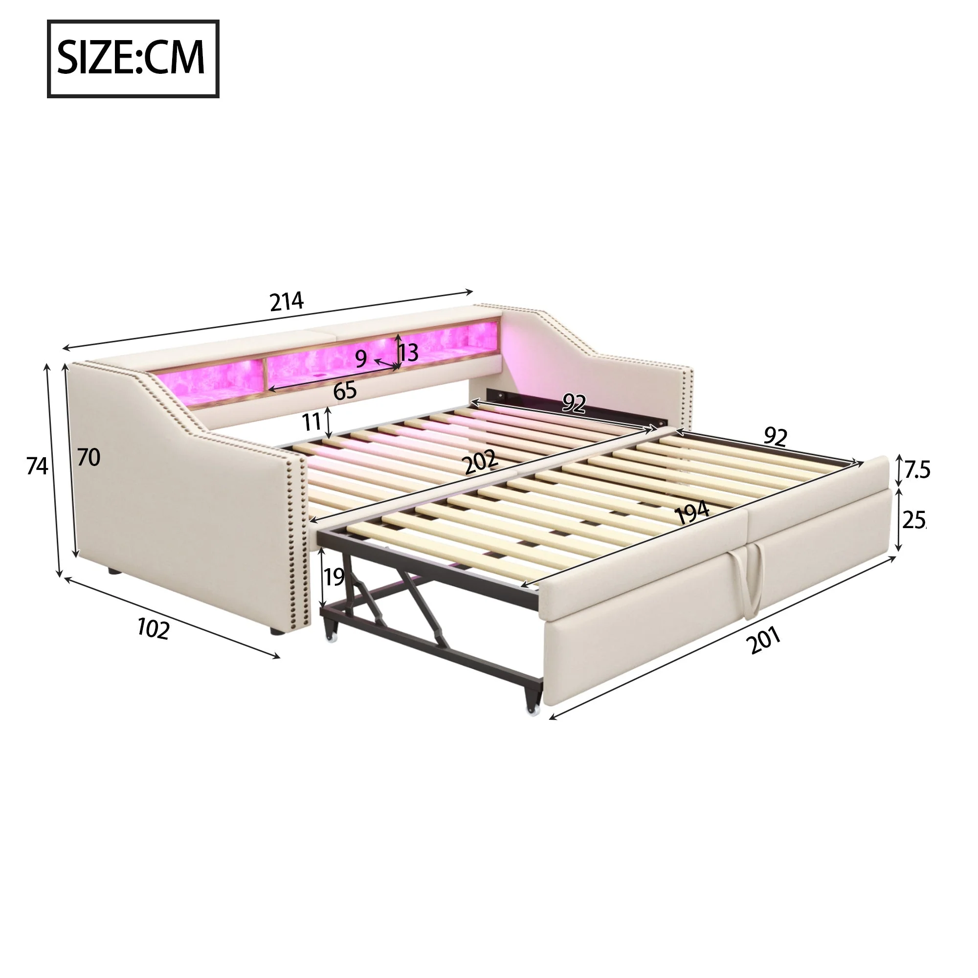 Extendable Upholstered Sofa Bed with Storage, LED and USB, 90/180x200cm, Beige Velvet - Image 8