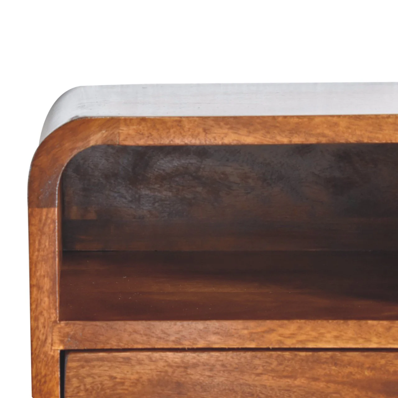 Extra Mini Bedside, Wall Mounted Curved 1 Drawer Open Slot, Solid Wood Dark Brown - Image 6