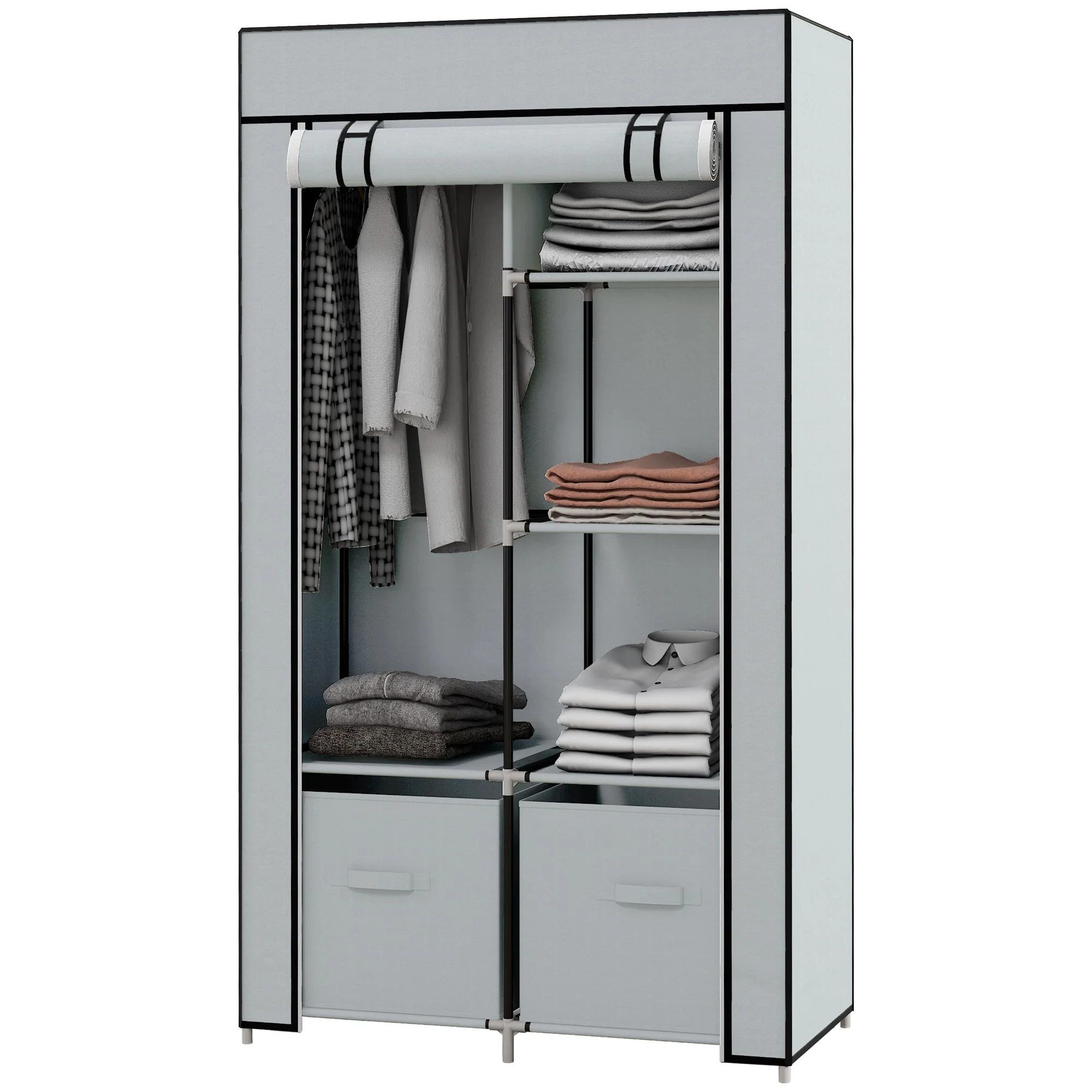 Fabric Wardrobe 5 Compartments, Clothes Rail, Light Grey