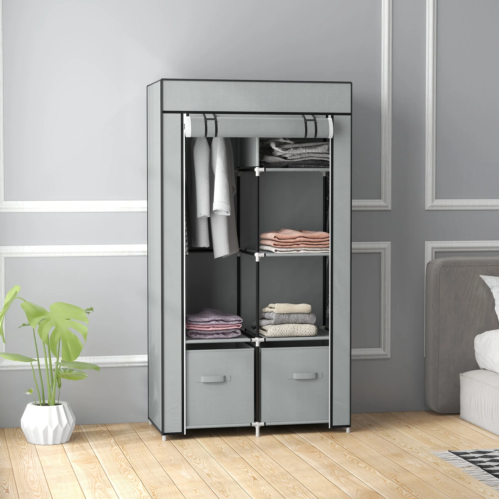Fabric Wardrobe 5 Compartments, Clothes Rail, Light Grey - Image 2