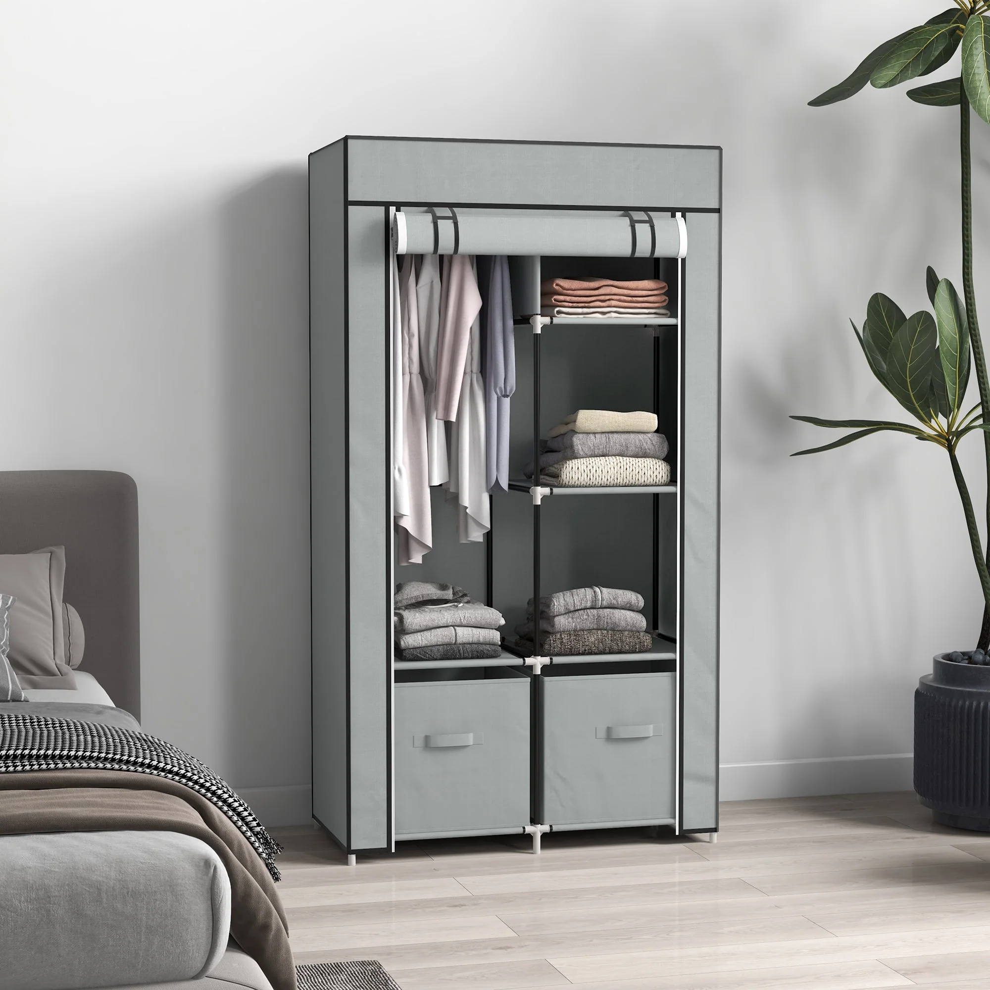 Fabric Wardrobe 5 Compartments, Clothes Rail, Light Grey - Image 6