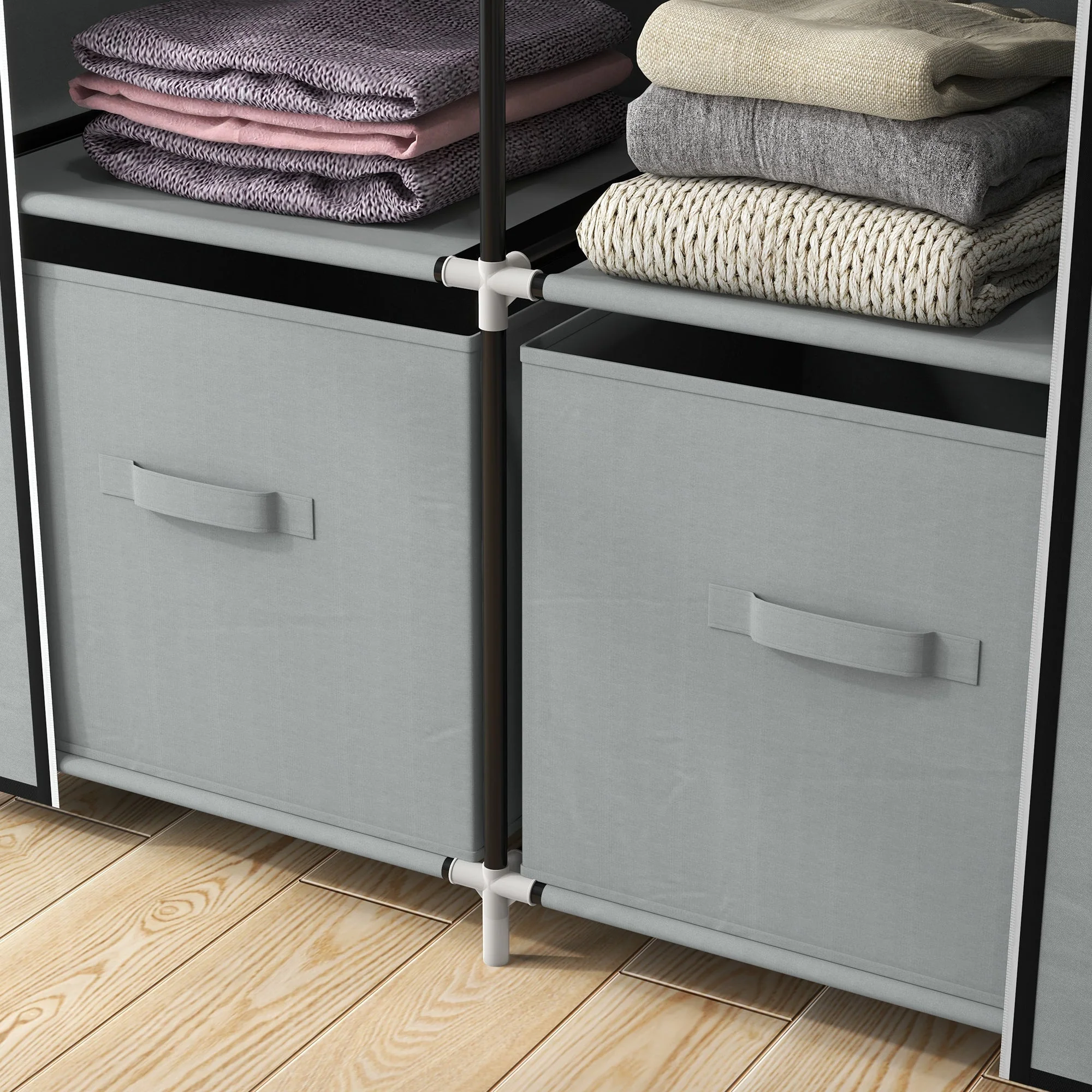 Fabric Wardrobe 5 Compartments, Clothes Rail, Light Grey - Image 7