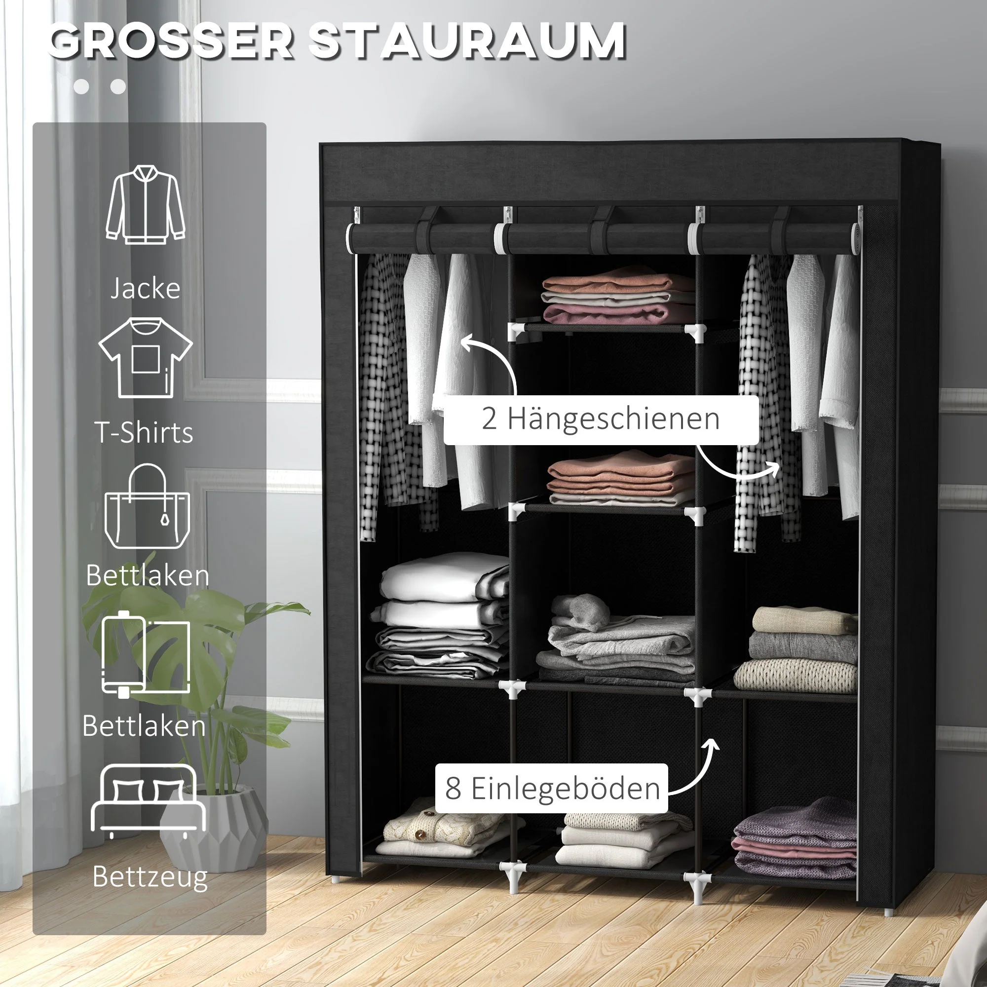 Fabric Wardrobe, Clothes Rail 8 Levels, Space-Saving, Black - Image 4