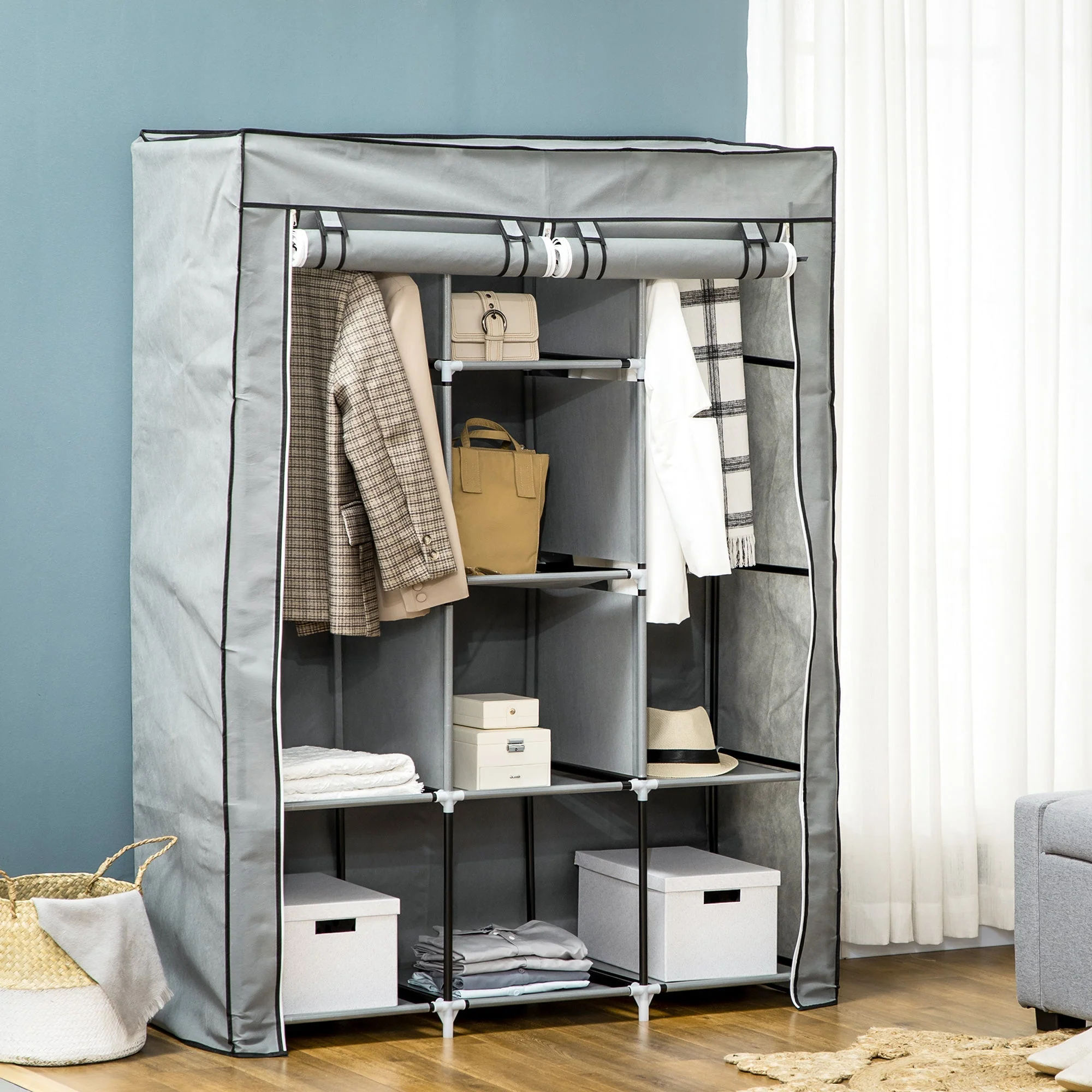 Fabric Wardrobe, Foldable Clothes Rails 8 Tiers, Light Grey - Image 2