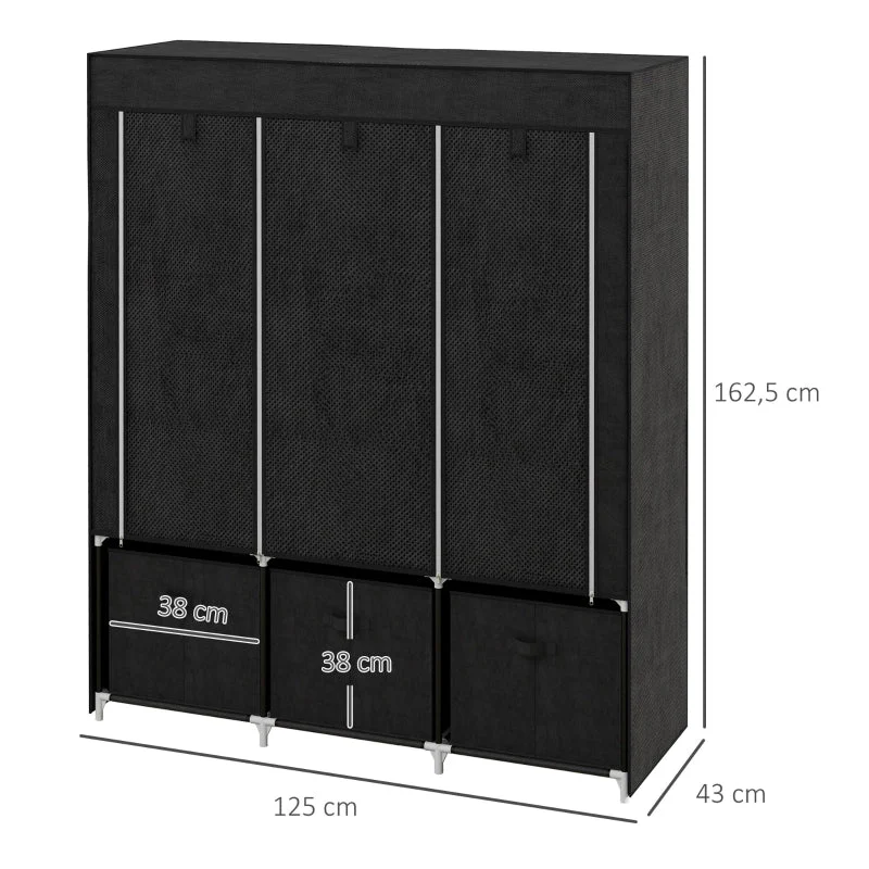 Fabric Wardrobe, Folding, 3 Drawers, Black - Image 3