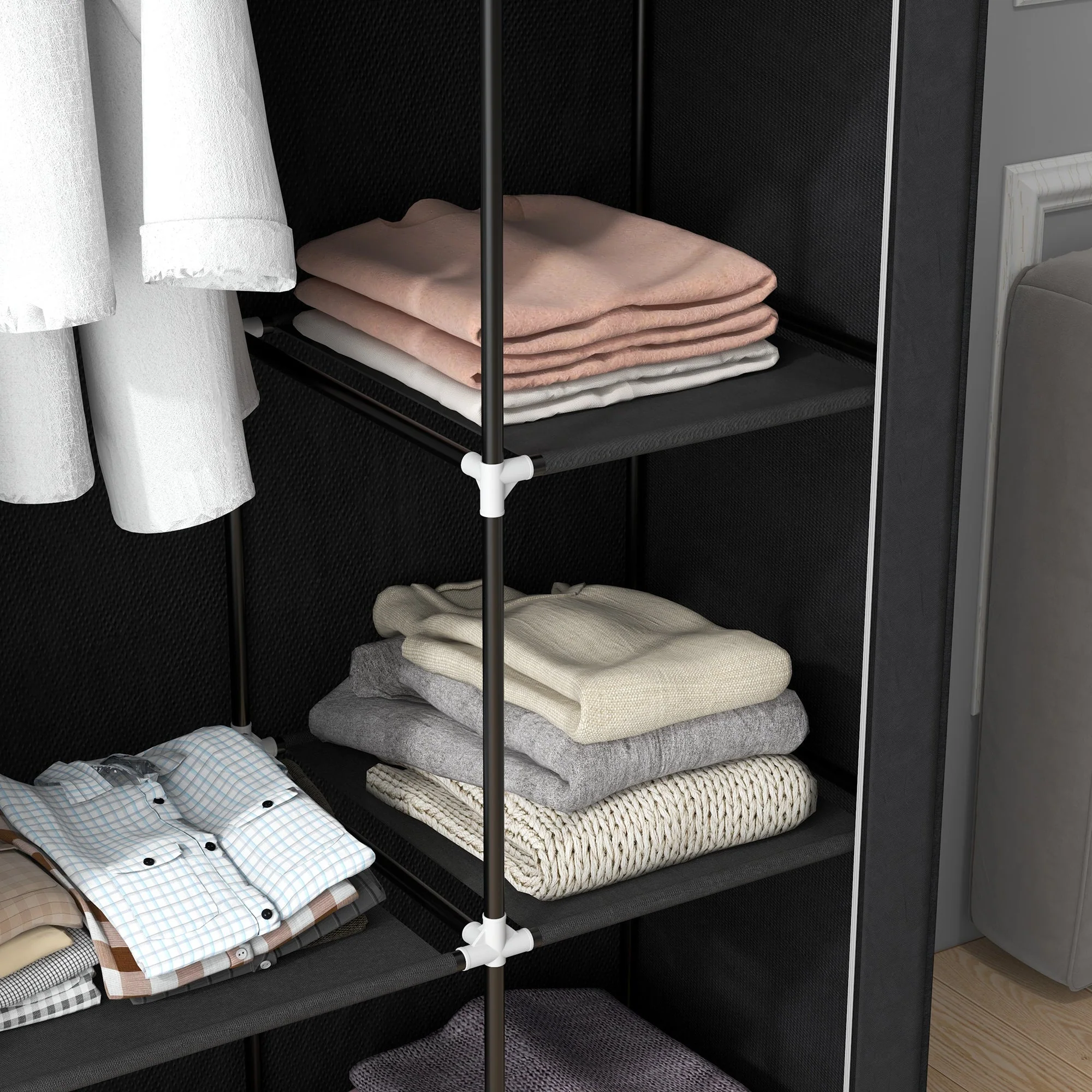Fabric Wardrobe Folding 6-Compartment 103x43x162.5cm Non-Woven Black - Image 7