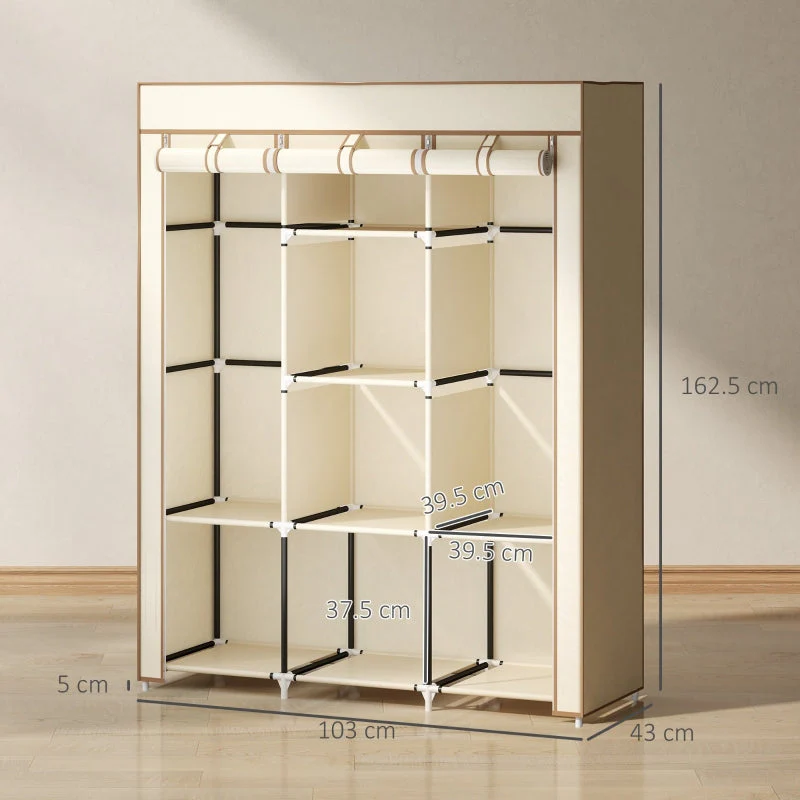 Fabric Wardrobe with Rails and Shelves, Cream White - Image 3