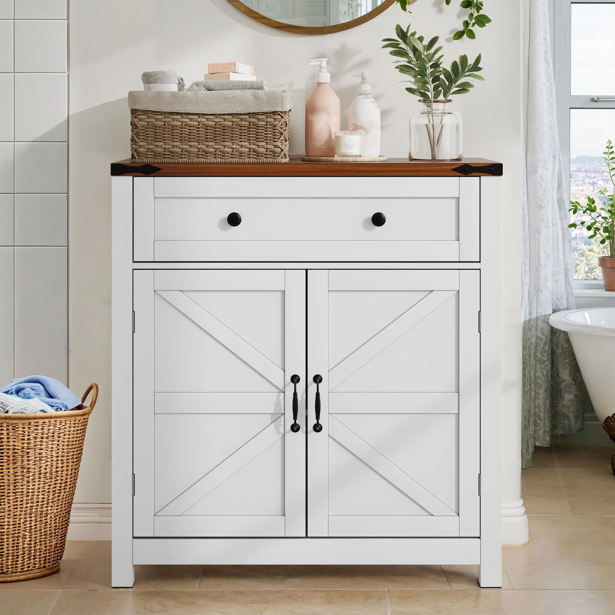 Farmhouse Storage Cabinets with Drawers and Adjustable Shelves, White with Walnut Countertops - Image 3