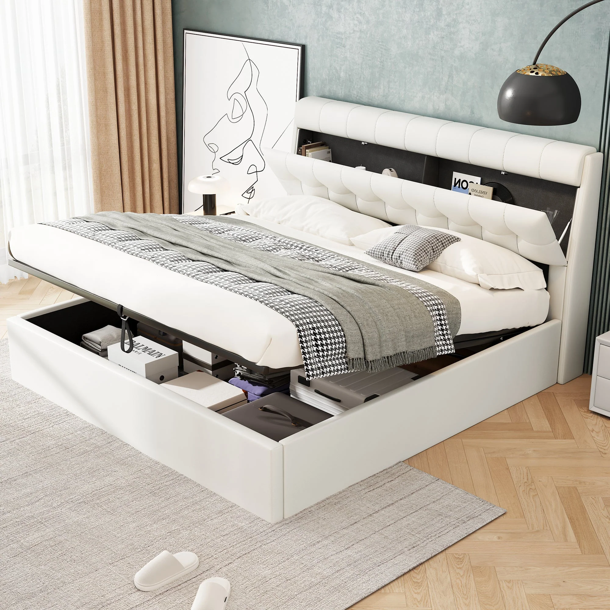 Fashion Upholstered Double Bed Hydraulic Storage with Headboard and Slats, PU Cream White - Image 4