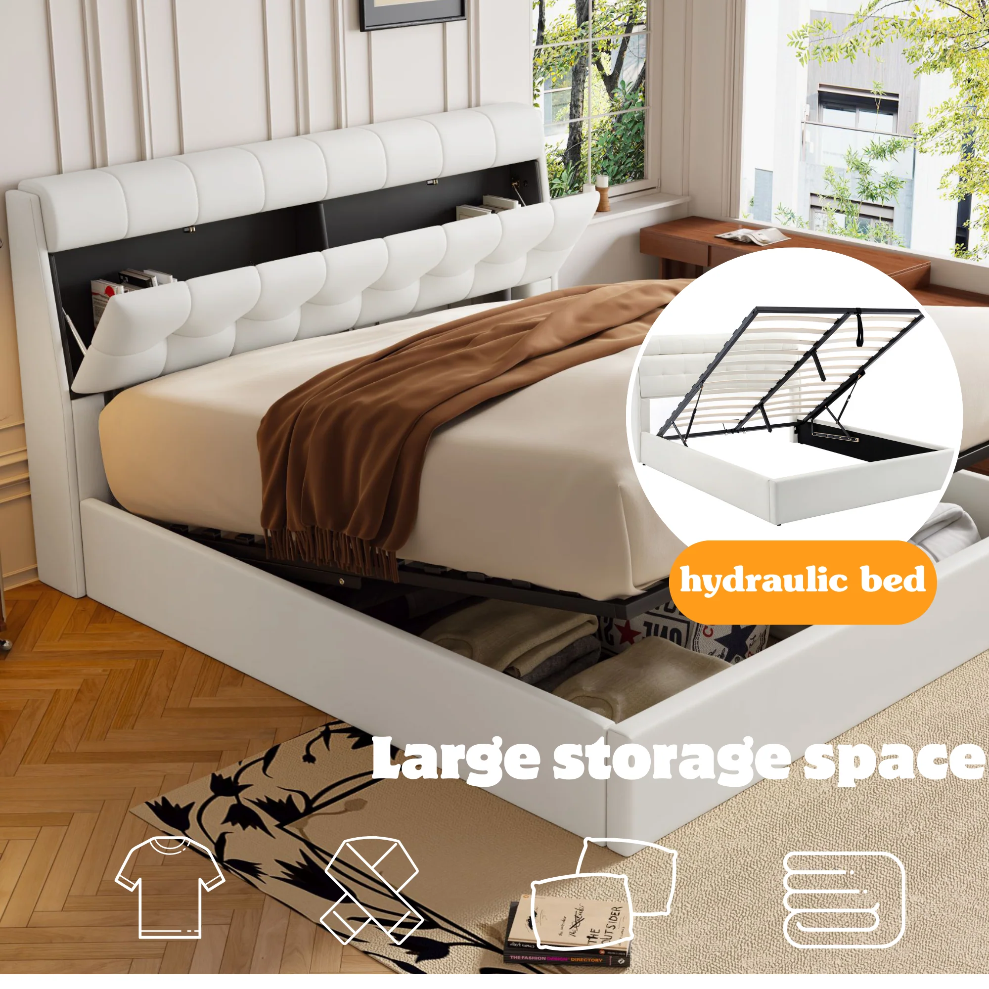 Fashion Upholstered Double Bed Hydraulic Storage with Headboard and Slats, PU Cream White - Image 6
