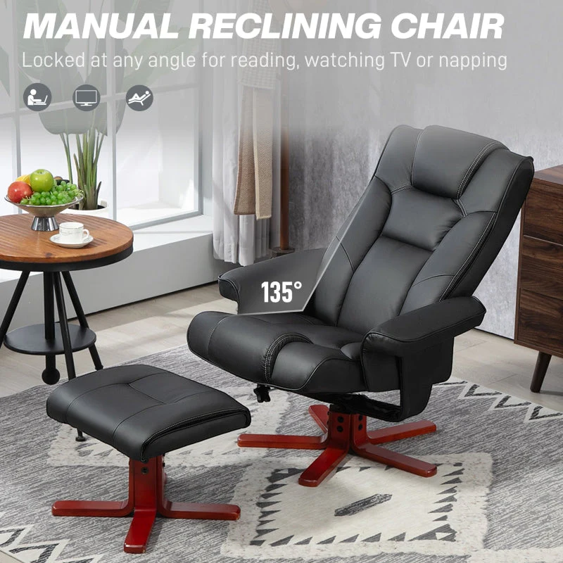 Faux Leather Manual Recliner and Footstool Set - Black - Image 4