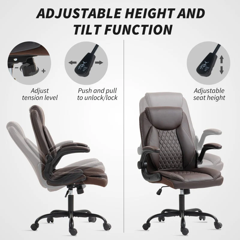 Faux Leather Office Chair with Flip-Up Armrests, Brown - Image 6