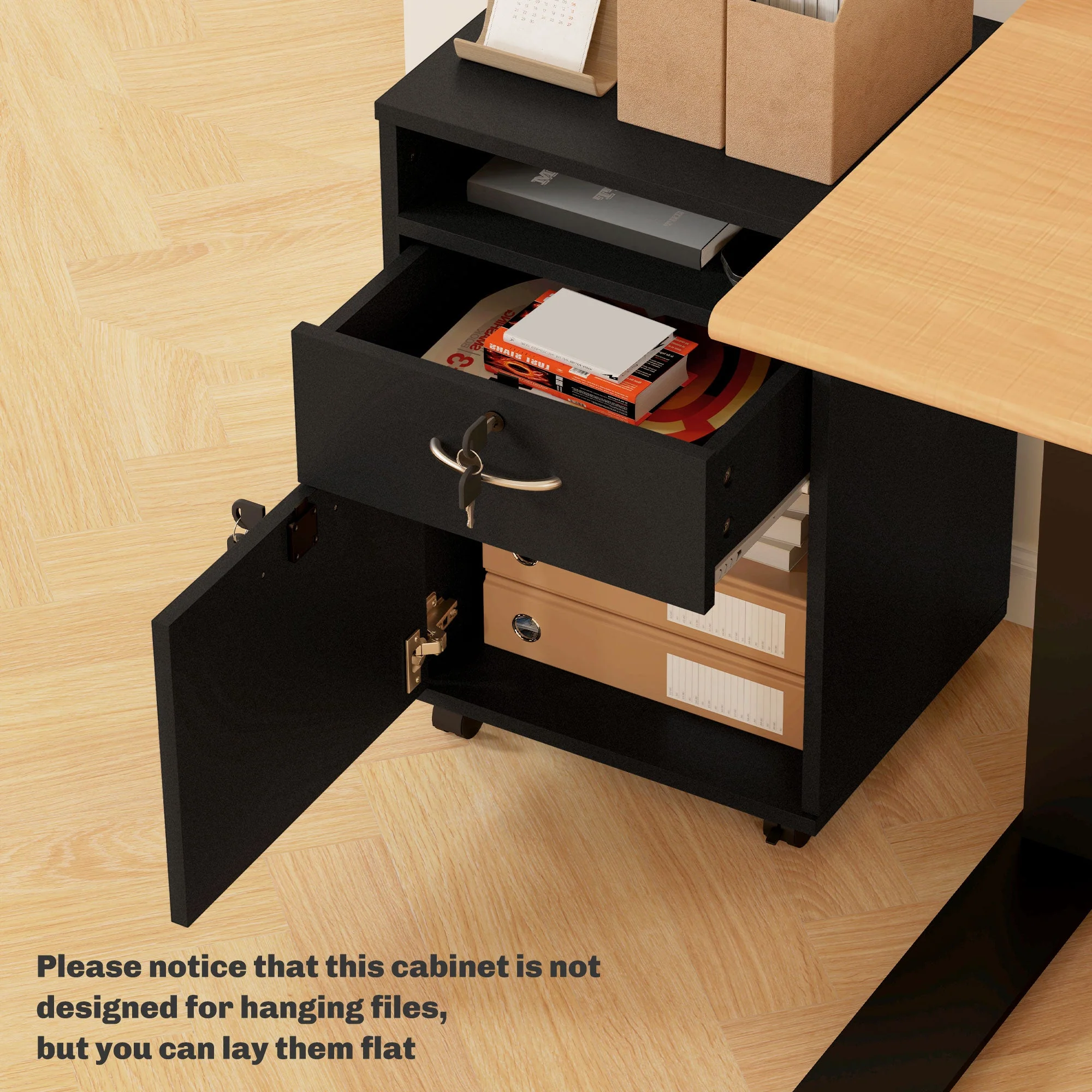 Filing Cabinet 60cm Drawer Open Shelf Mobile Two Locks Black - Image 7