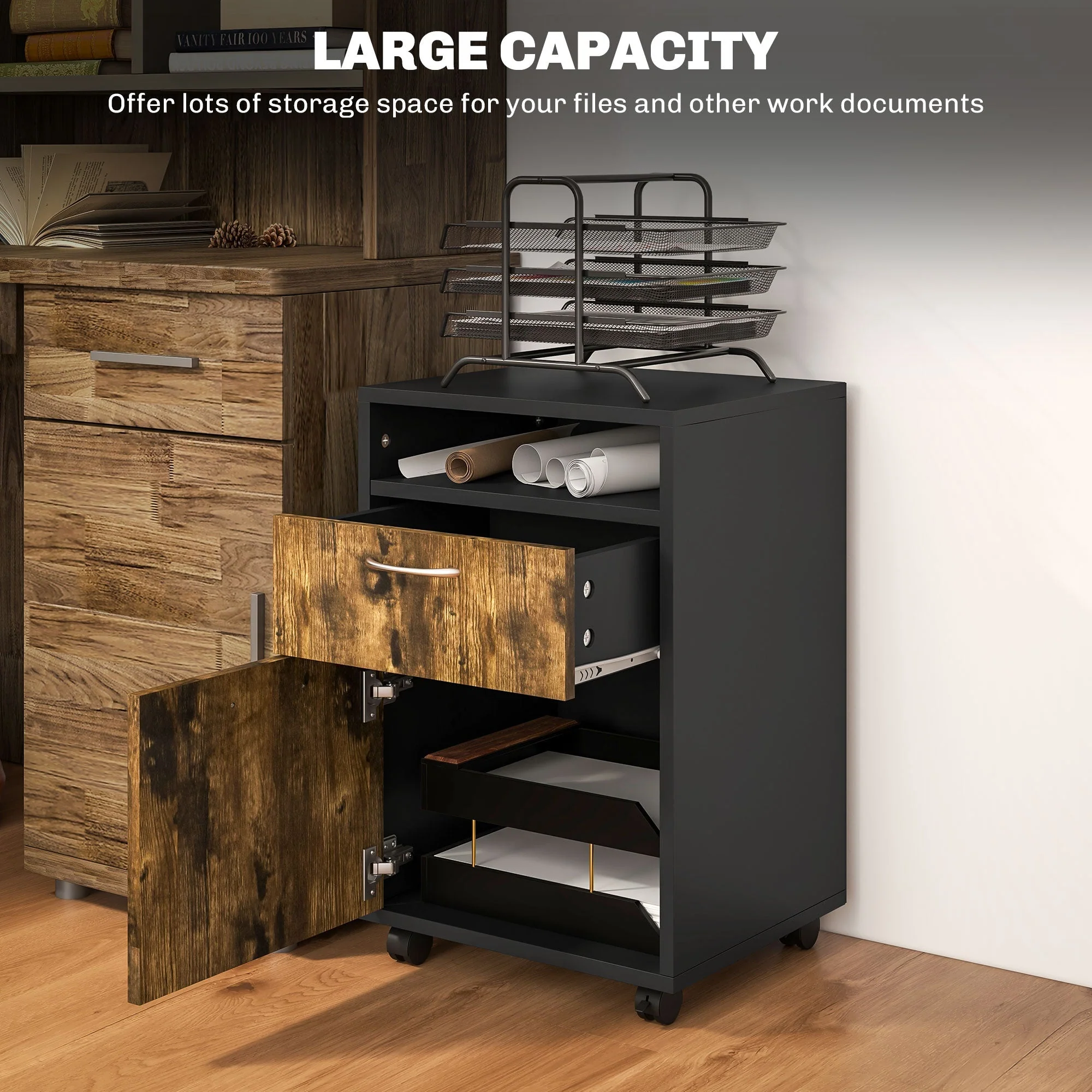 Filing Cabinet 60cm Drawer Open Shelf Mobile Wheels Rustic Brown - Image 4