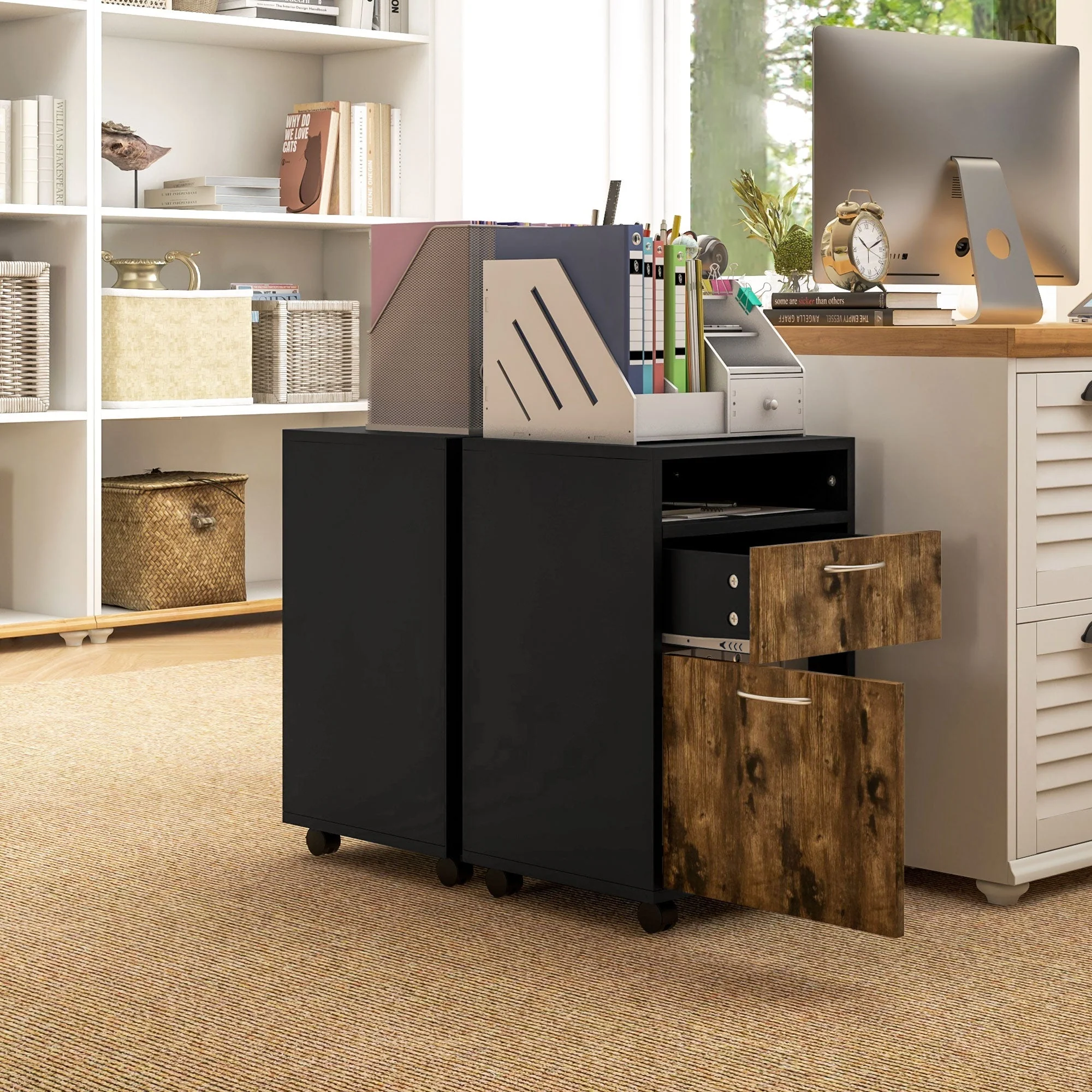 Filing Cabinet 60cm Drawer Open Shelf Mobile Wheels Rustic Brown - Image 7