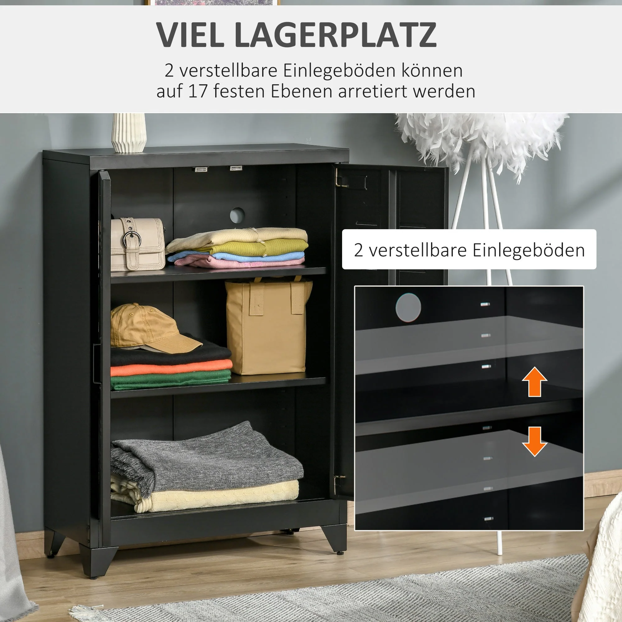 Filing Cabinet Sideboard, Louvre Doors, Storage Cabinet, Black - Image 4