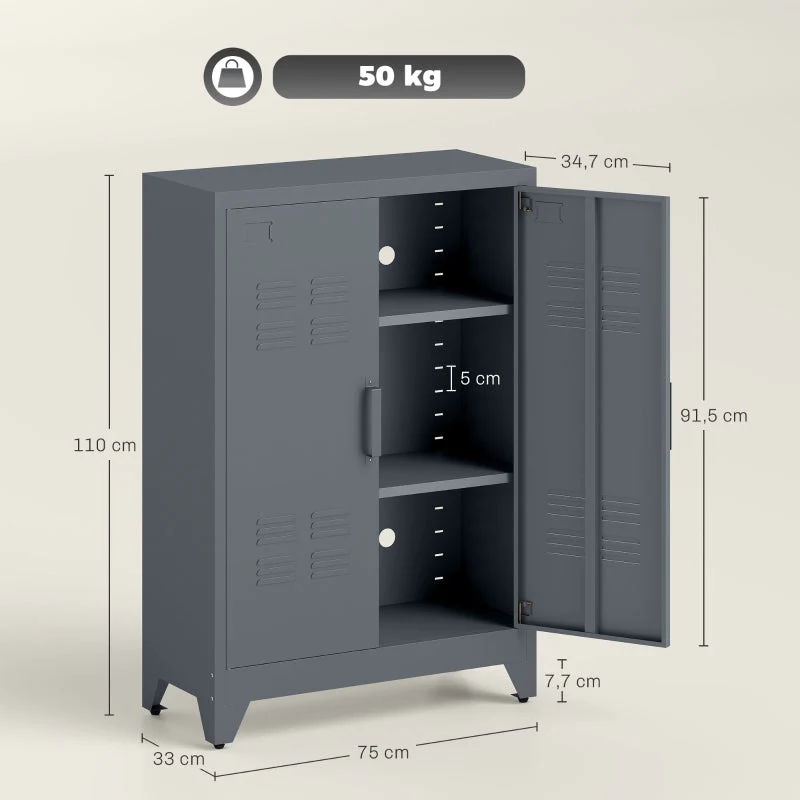 Filing Cabinet with Louvre Doors, Metal with 2 Adjustable Shelves, Grey - Image 3