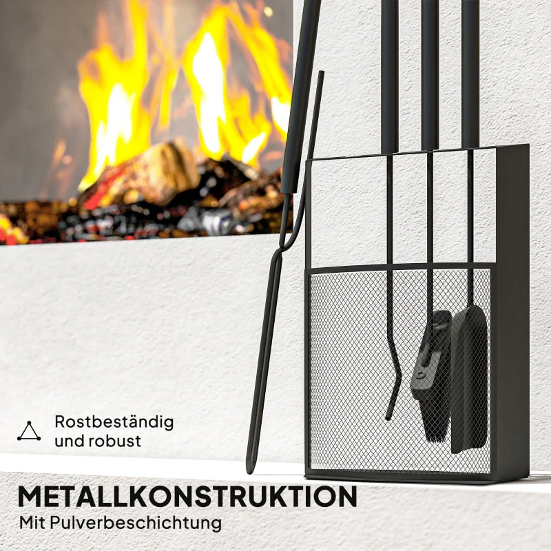 Fireplace Tool Set 5-Piece with Stand - Black Metal - Image 5