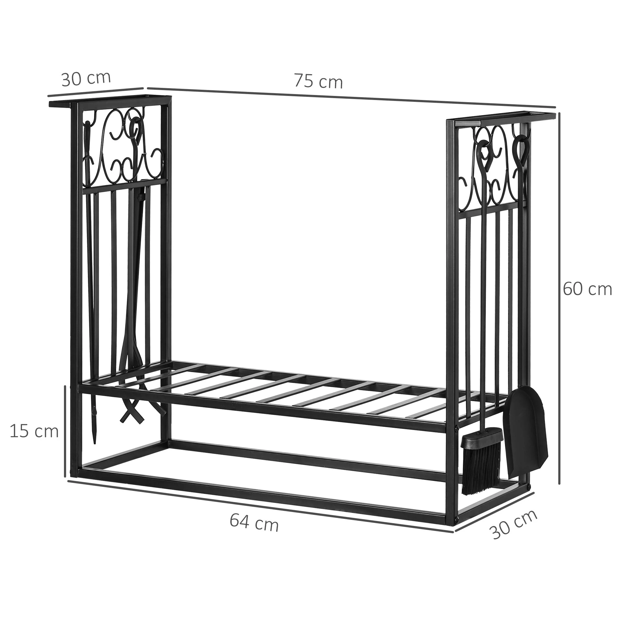 Firewood Rack with Fireplace Tools, 75 x 30 x 60 cm, Black Steel - Image 3