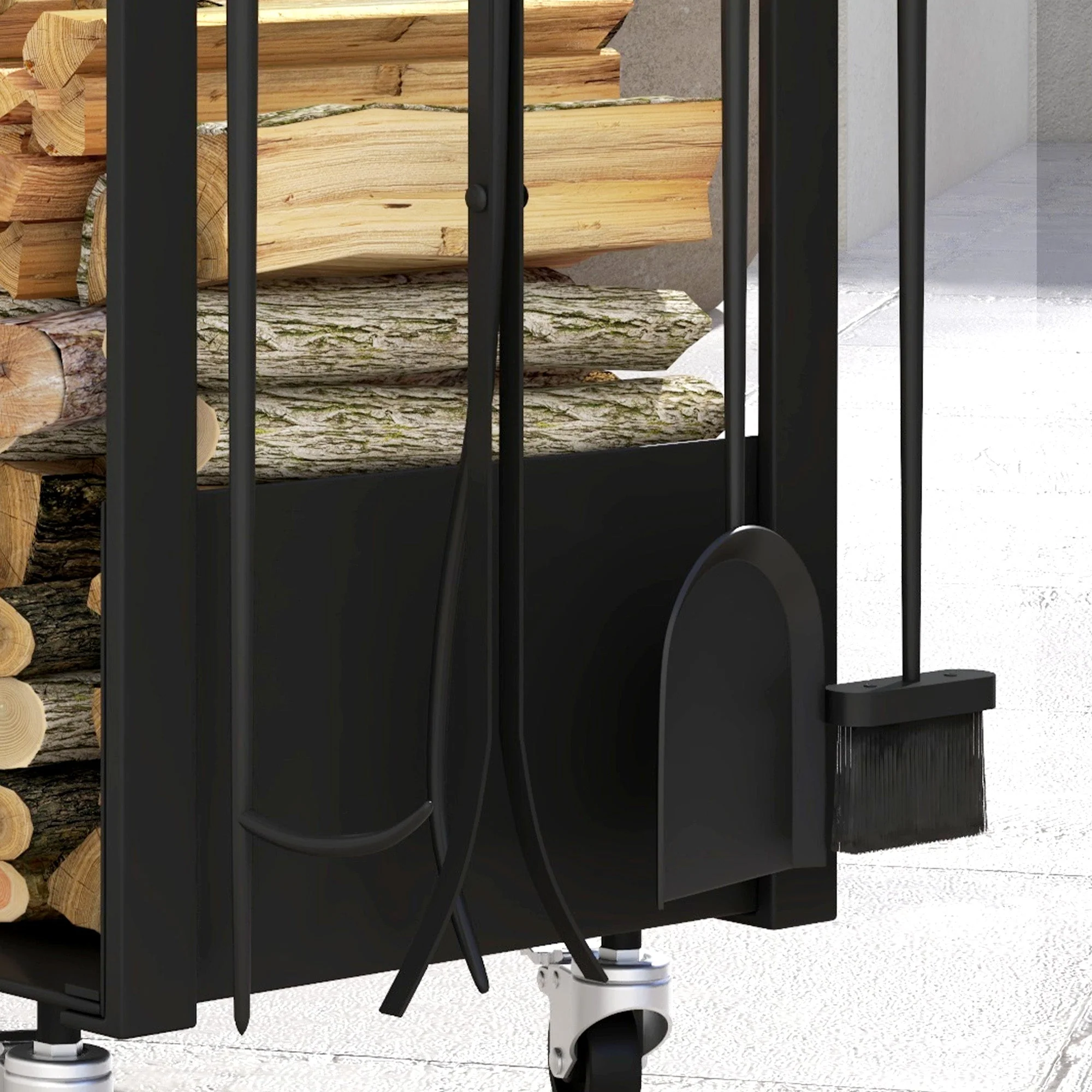 Firewood Rack with Tools, Wheels, Side Hooks, Black Metal - Image 7