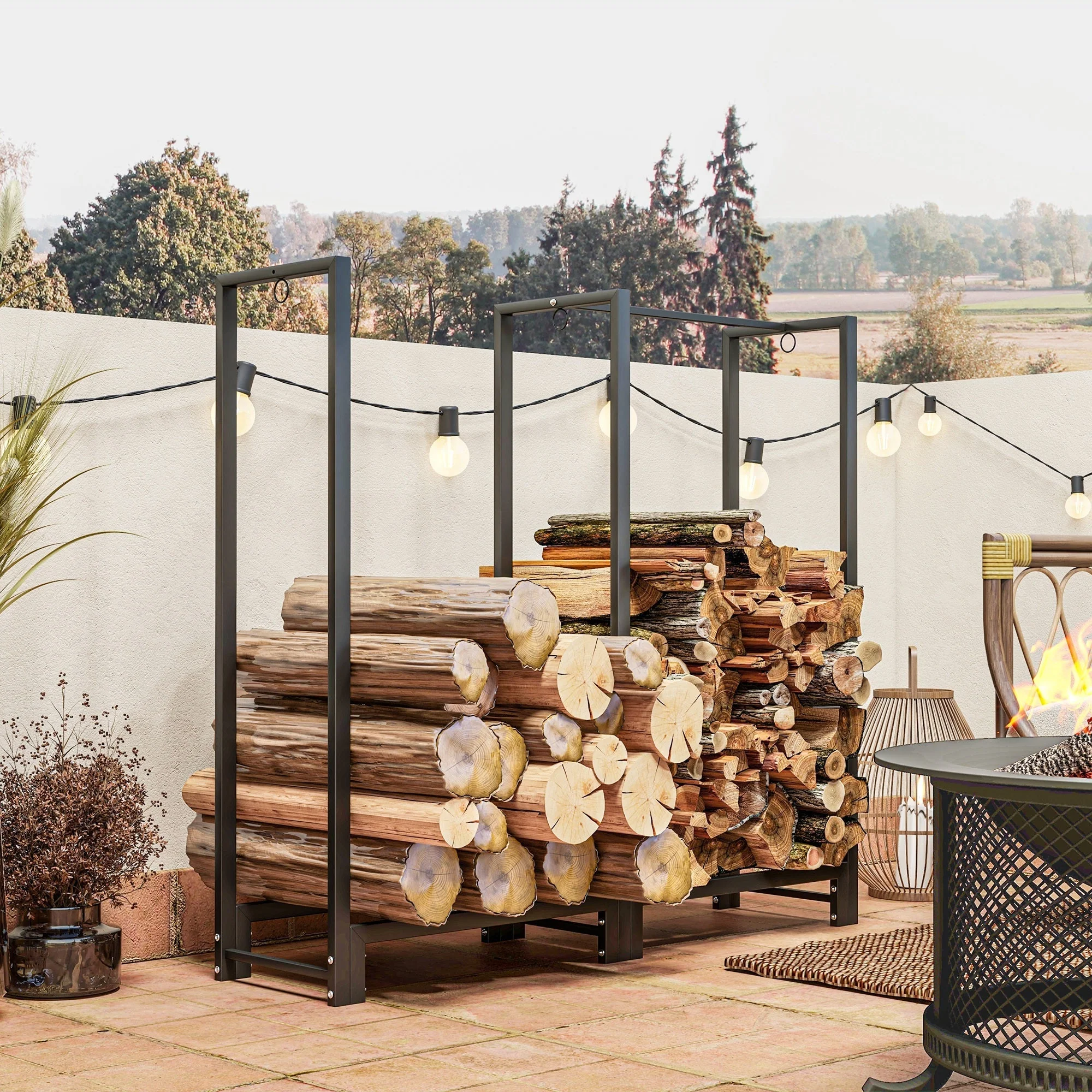 Firewood Rack with Two Sections, Three Hooks, 200 kg Load Capacity, Steel, Black - Image 2