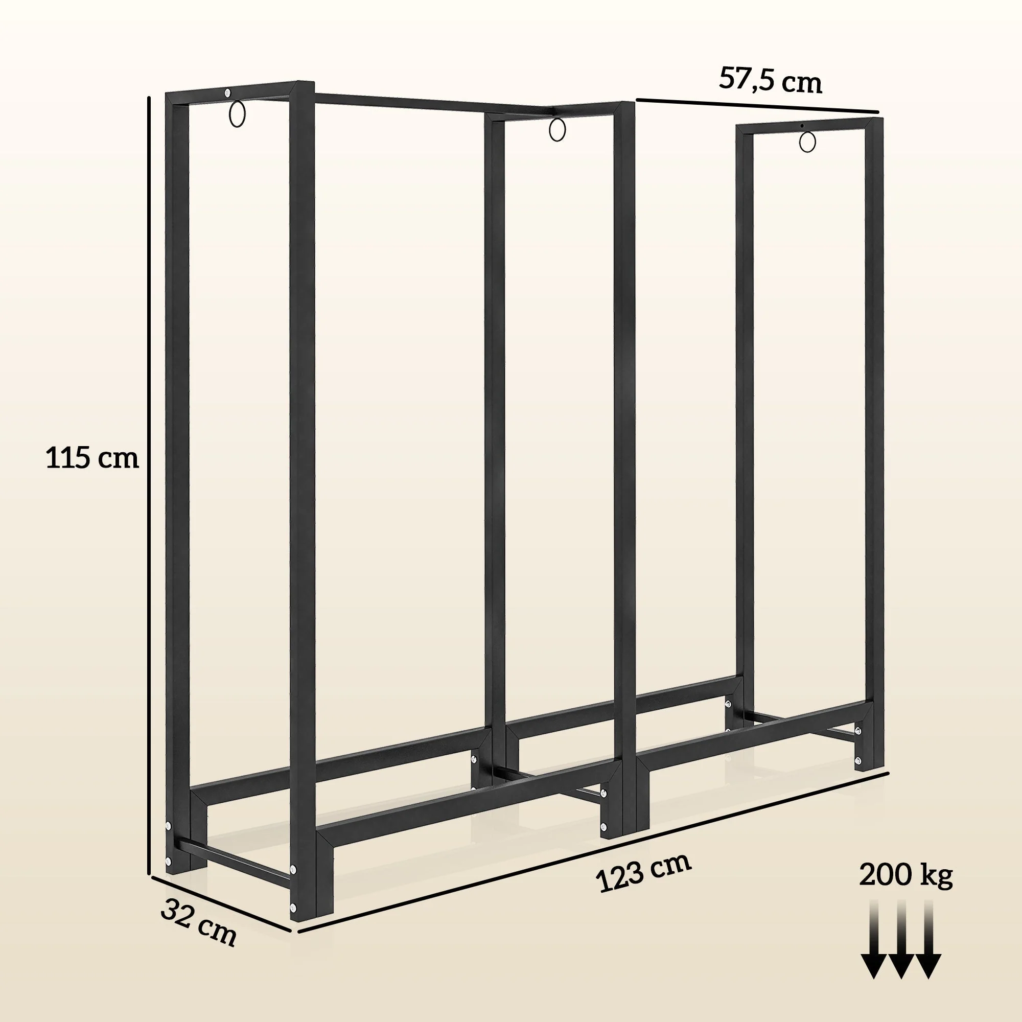 Firewood Rack with Two Sections, Three Hooks, 200 kg Load Capacity, Steel, Black - Image 3